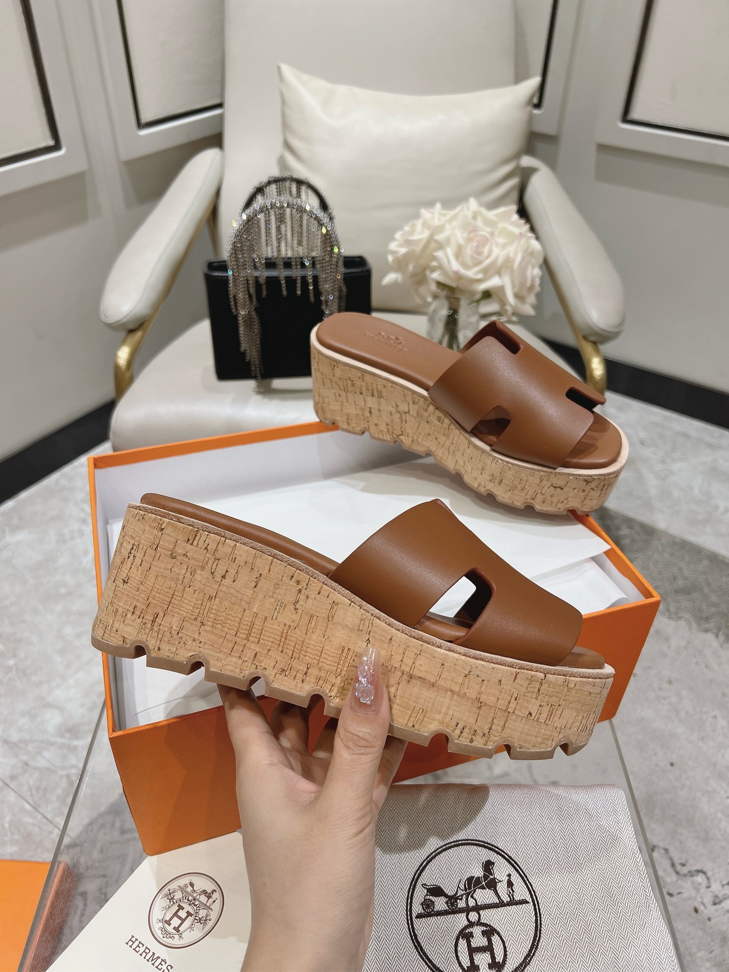 Hermes  Calfskin Cork Eze 30 Sandals  Marron Glaise Sold Out
