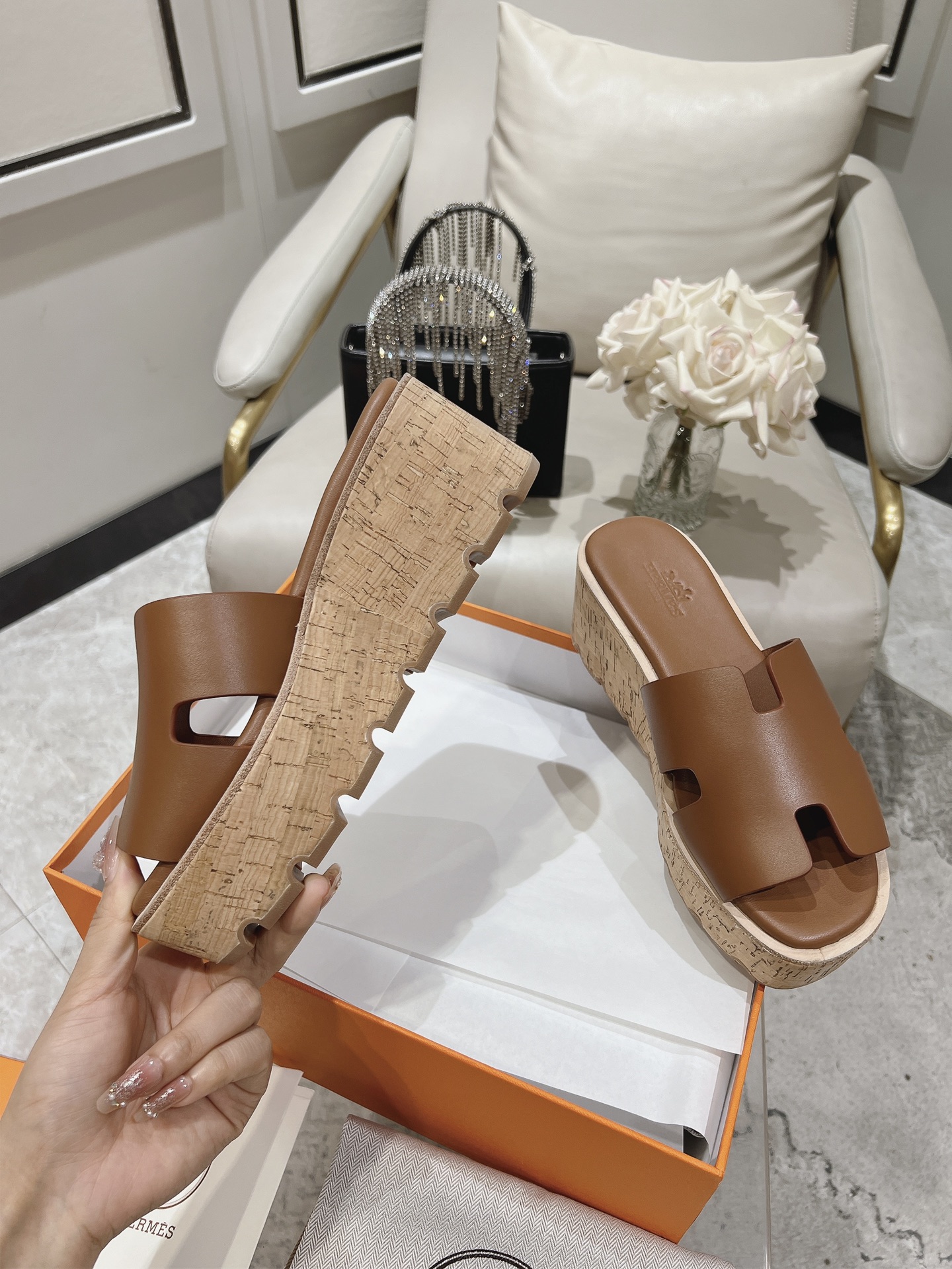 Hermes  Calfskin Cork Eze 30 Sandals  Marron Glaise Sold Out