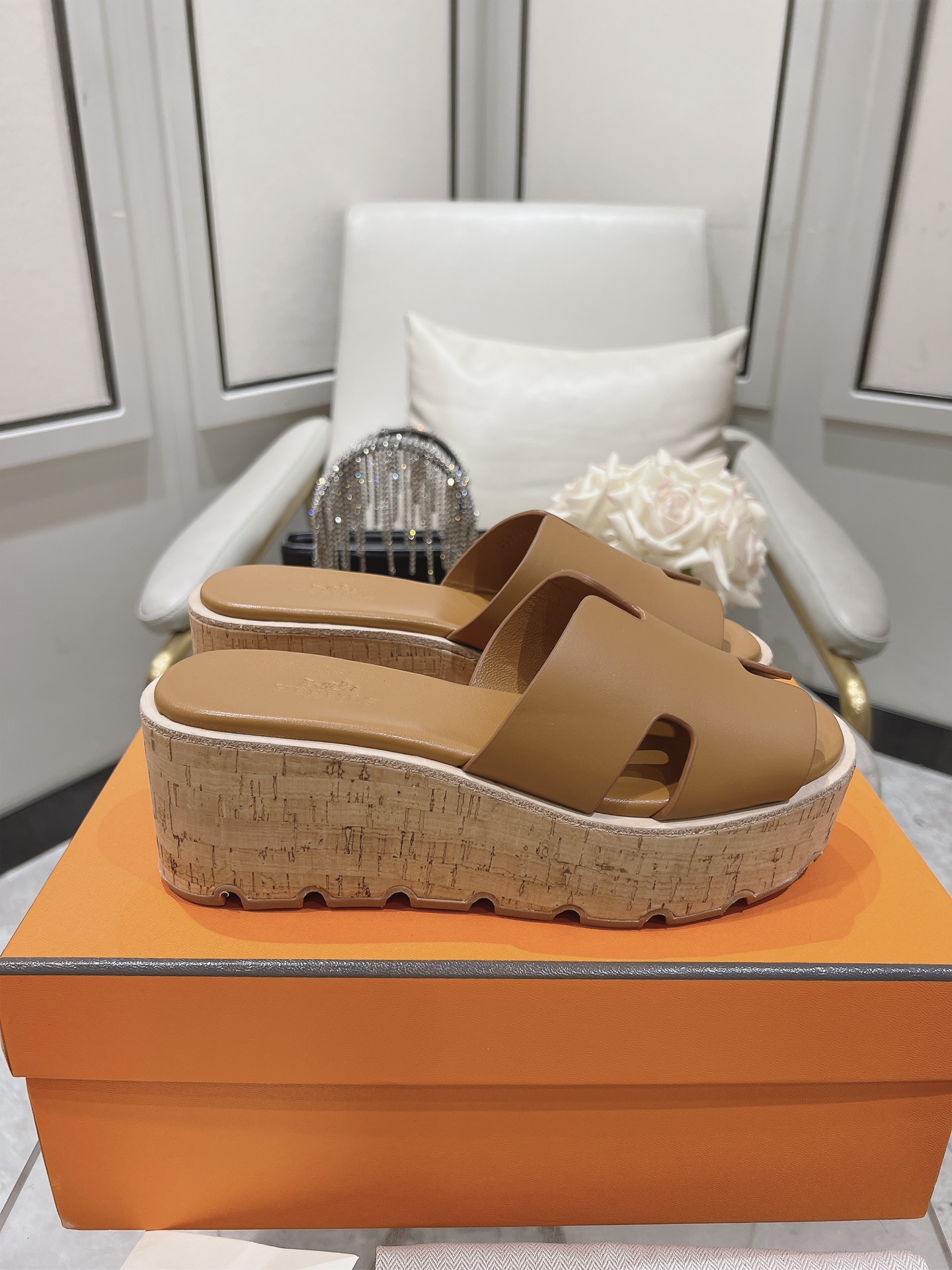 Hermes Eze Leather Platform Slides In Brown Womens Size Dust Bags