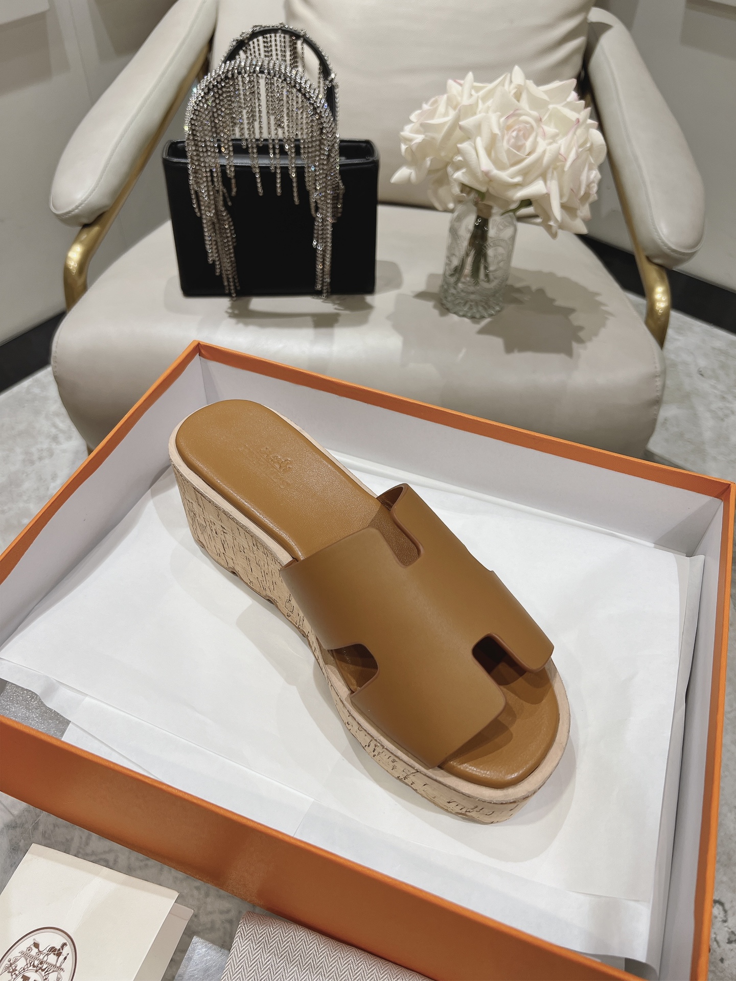 Hermes Eze Leather Platform Slides In Brown Womens Size Dust Bags