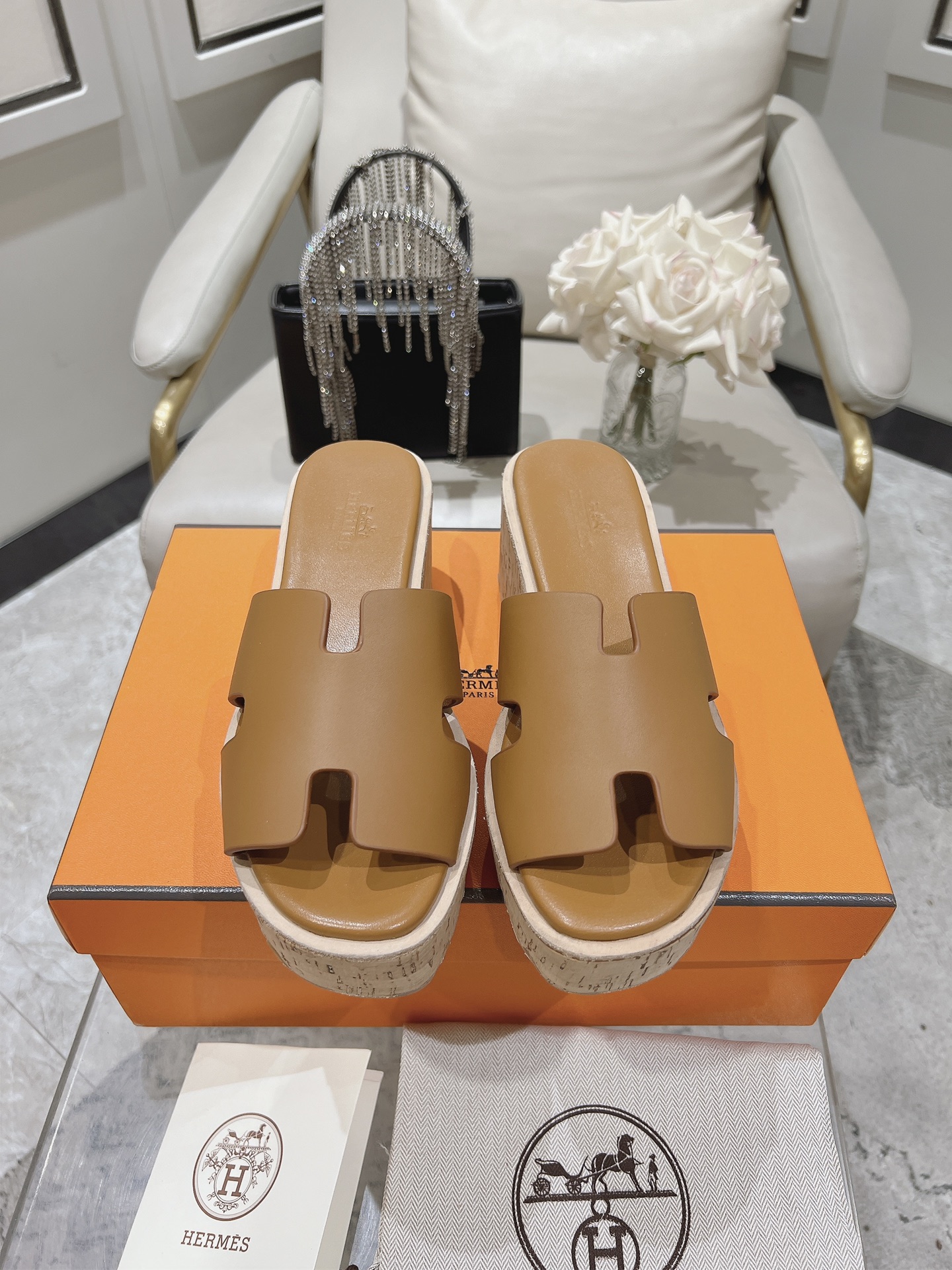 Hermes Eze Leather Platform Slides In Brown Womens Size Dust Bags