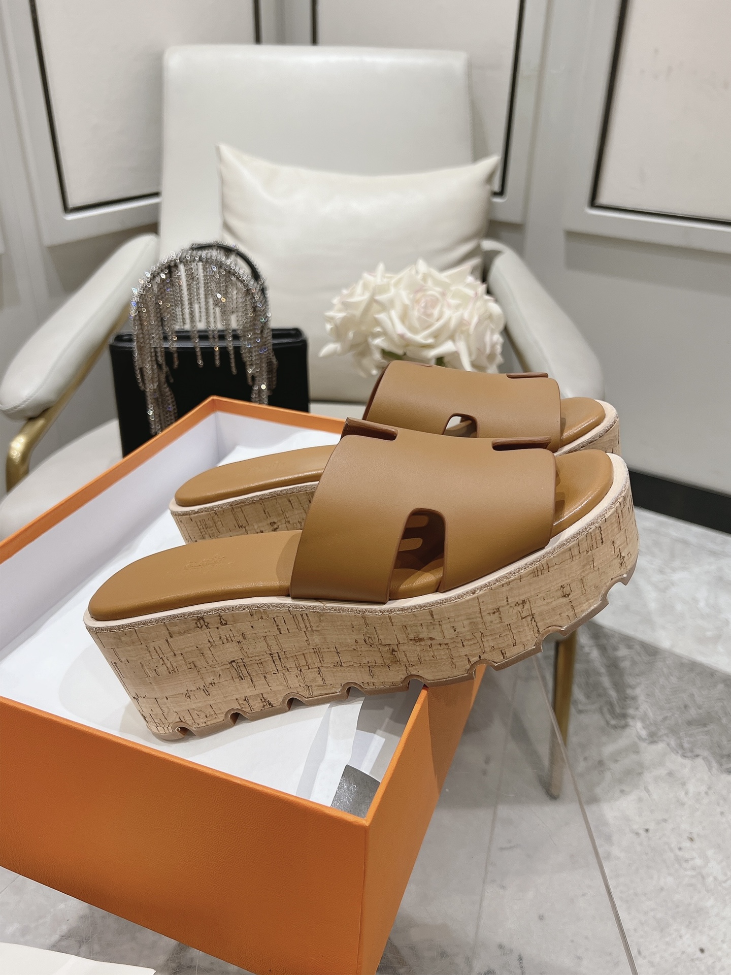 Hermes Eze Leather Platform Slides In Brown Womens Size Dust Bags