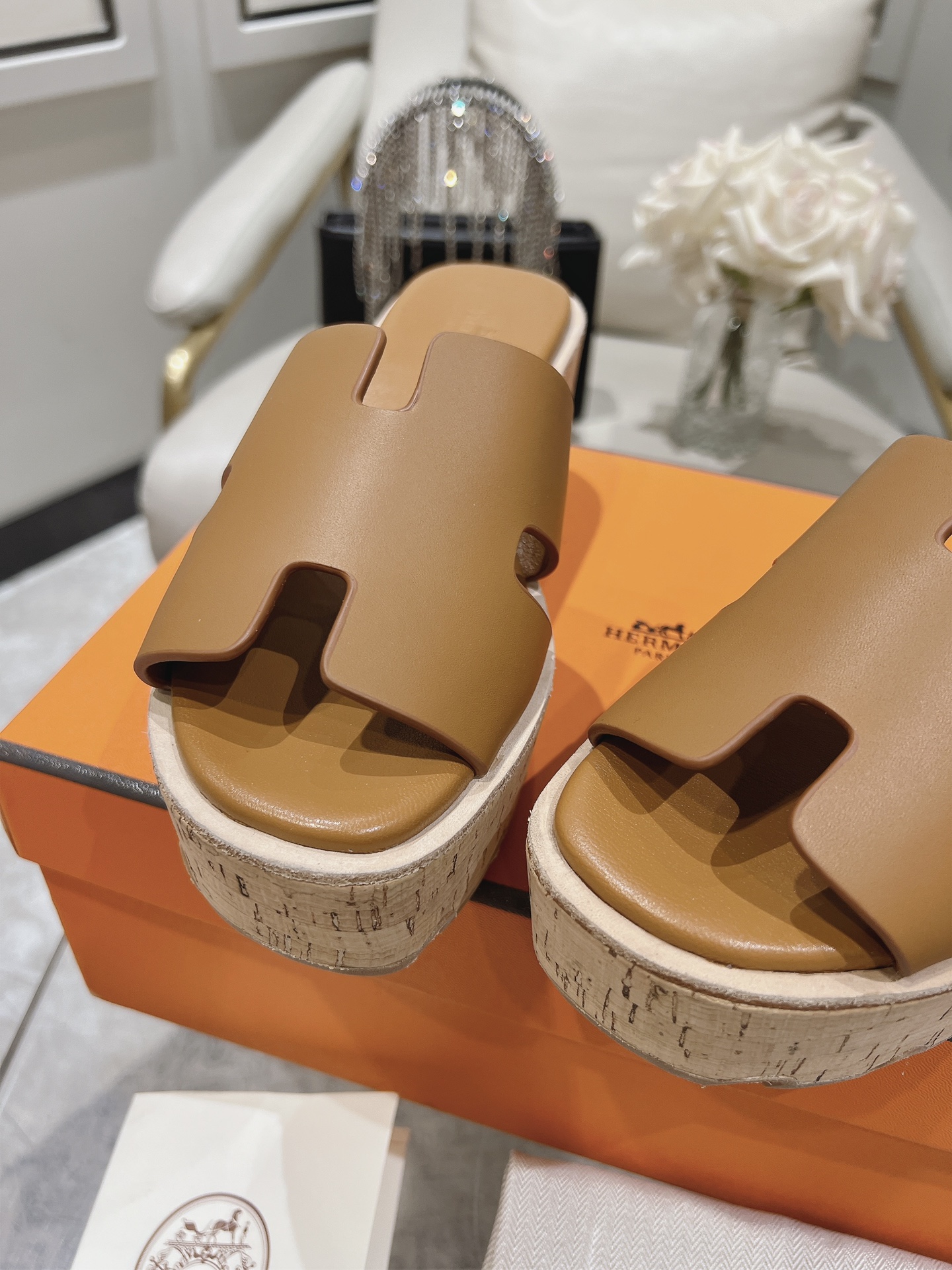 Hermes Eze Leather Platform Slides In Brown Womens Size Dust Bags