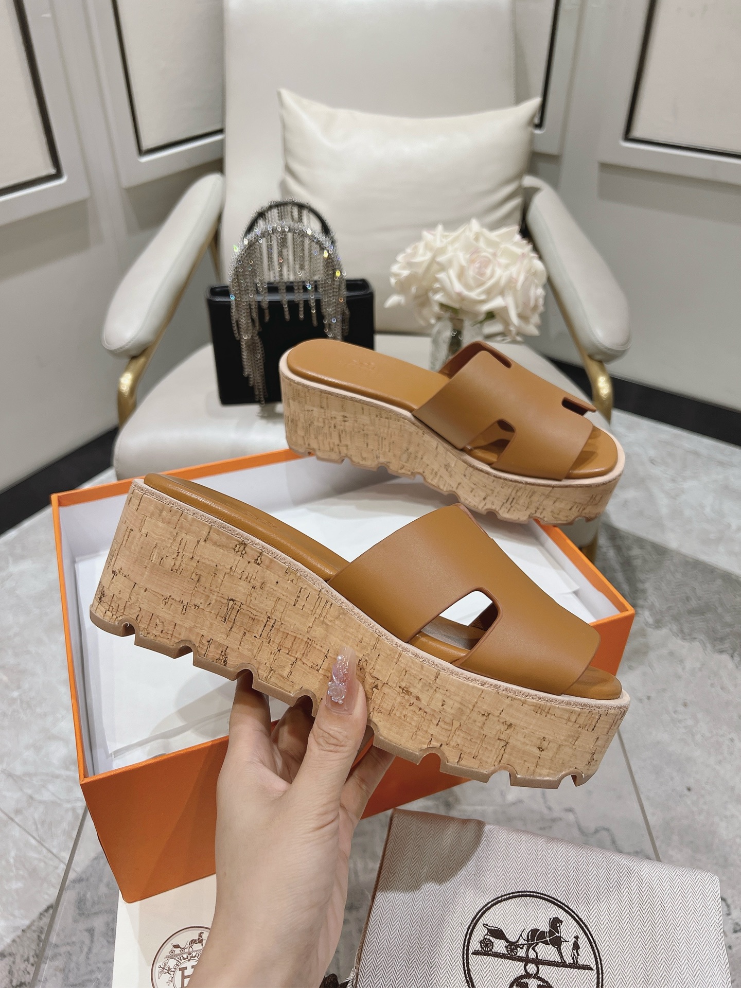 Hermes Eze Leather Platform Slides In Brown Womens Size Dust Bags