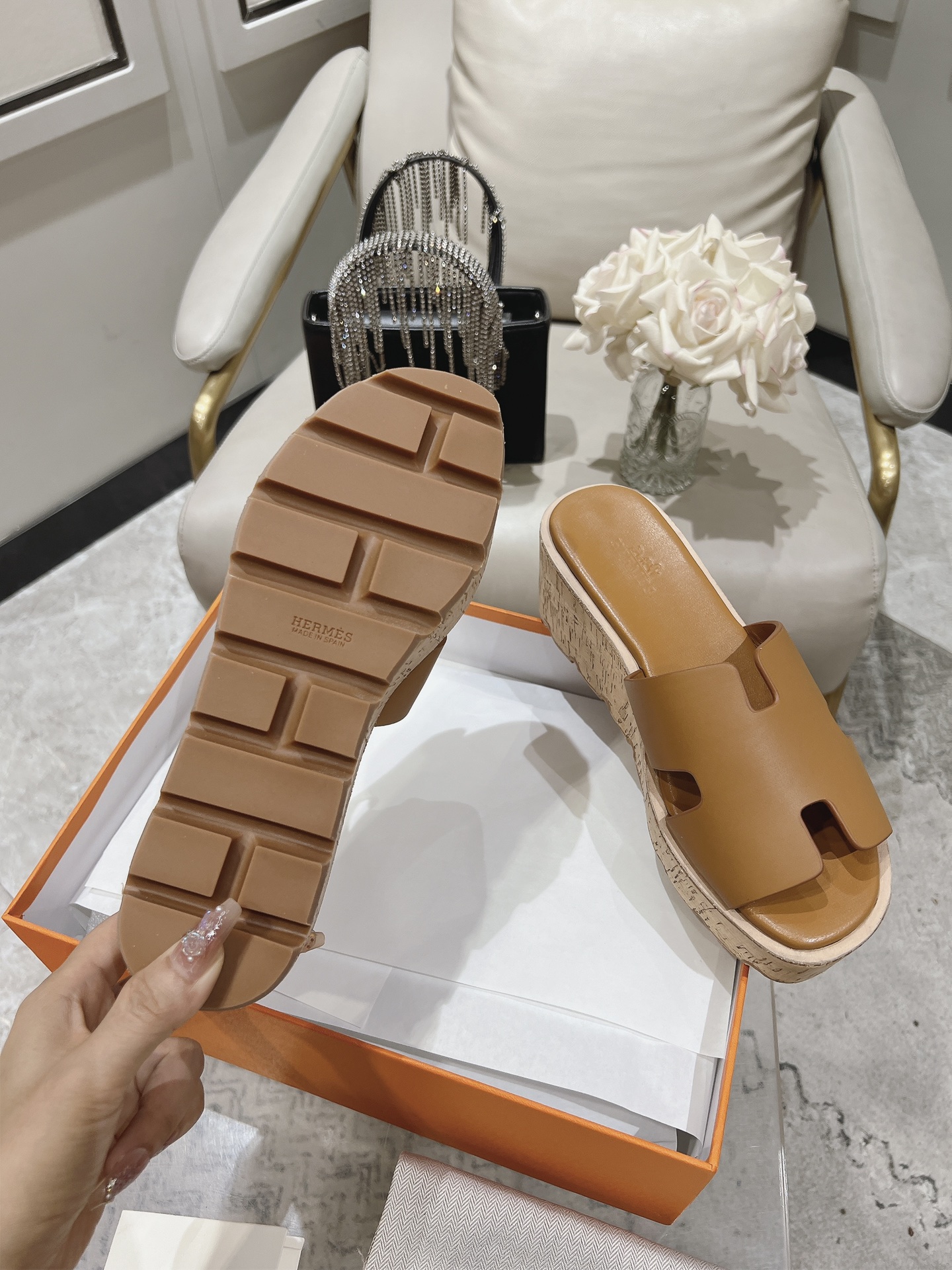 Hermes Eze Leather Platform Slides In Brown Womens Size Dust Bags