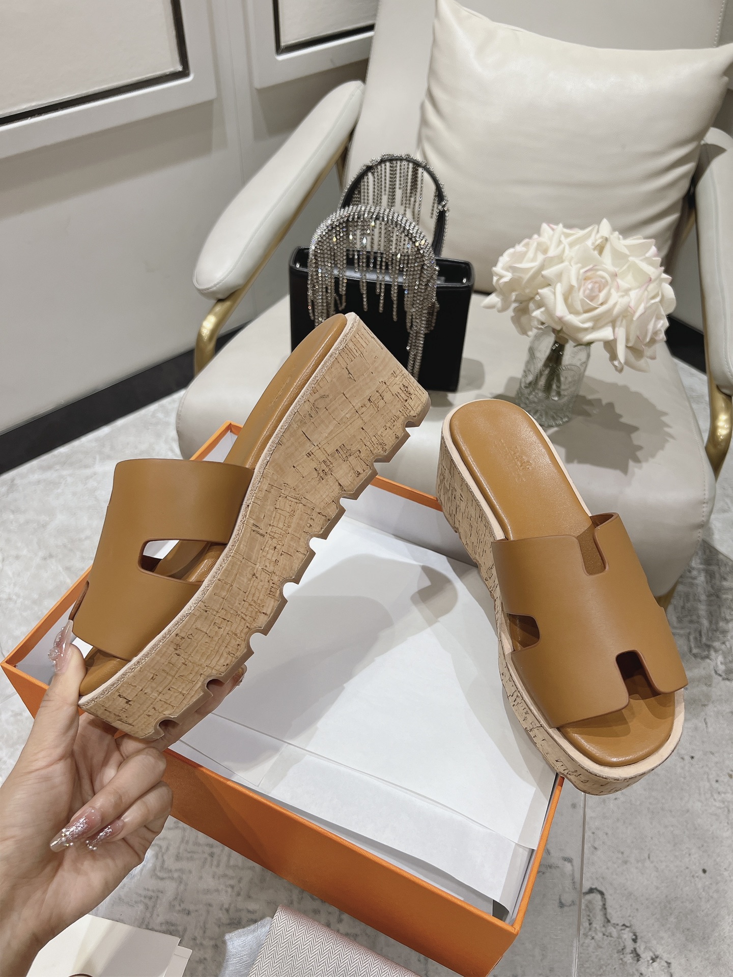 Hermes Eze Leather Platform Slides In Brown Womens Size Dust Bags