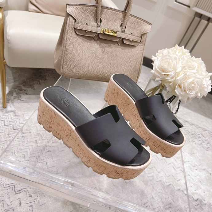 Hermes Eze Leather Platform Slides In Black Womens Size Dust Bags
