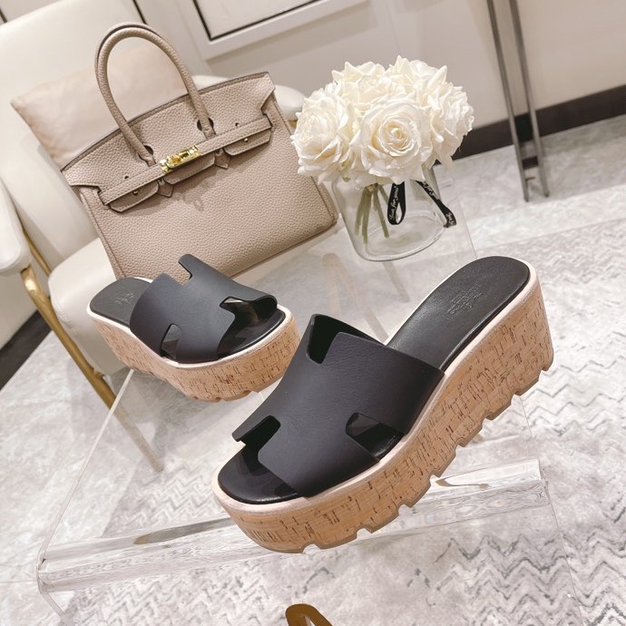 Hermes Eze Leather Platform Slides In Black Womens Size Dust Bags