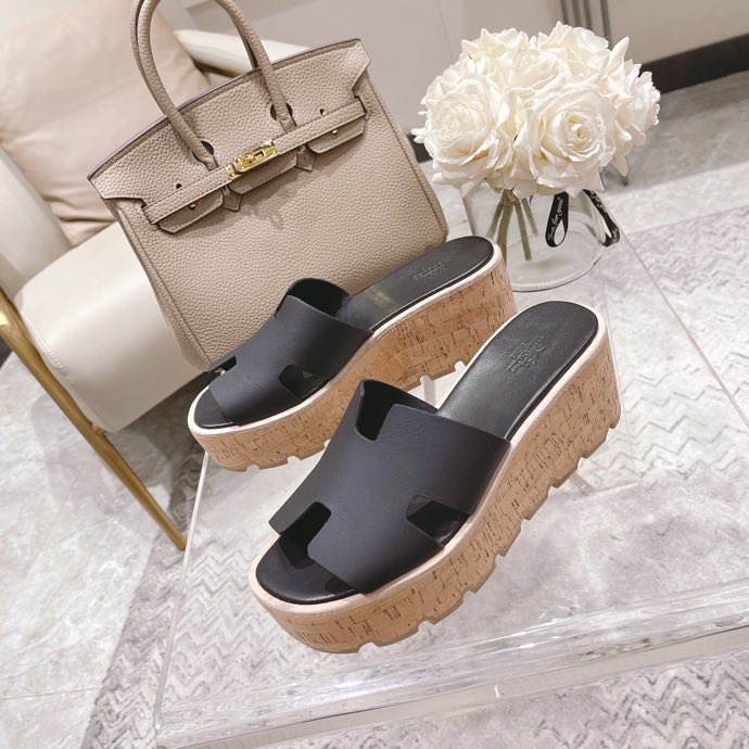 Hermes Eze Leather Platform Slides In Black Womens Size Dust Bags