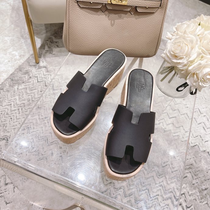 Hermes Eze Leather Platform Slides In Black Womens Size Dust Bags