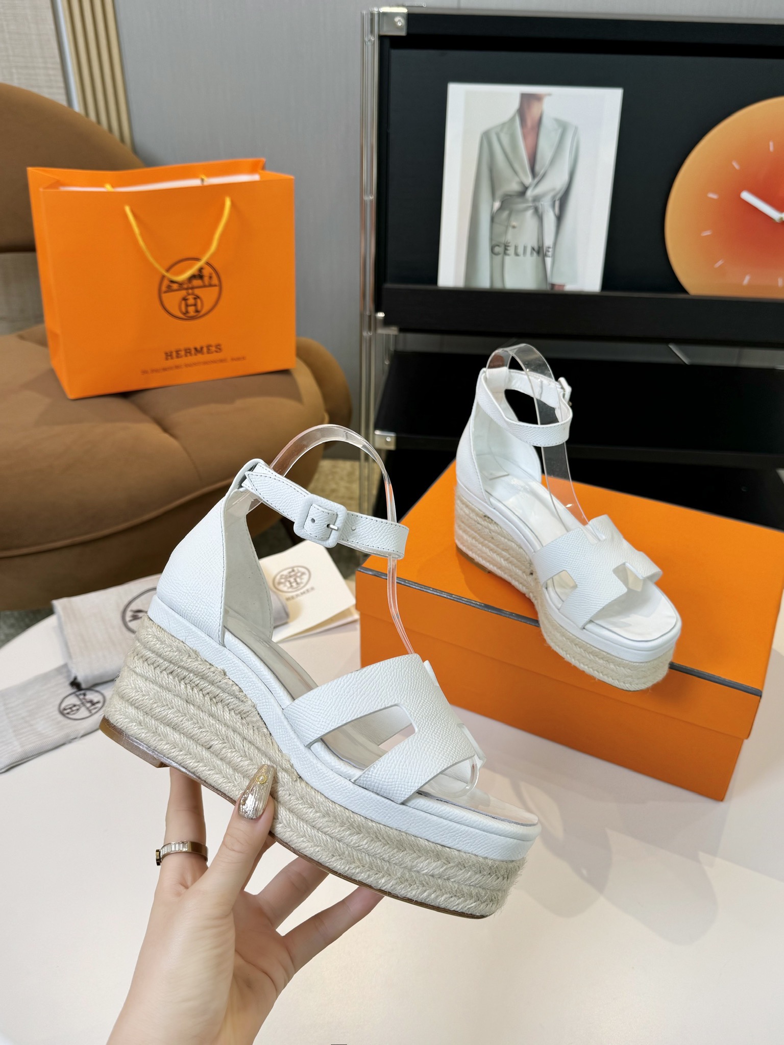 Hermès Women's White Hermès Elda Wedges
