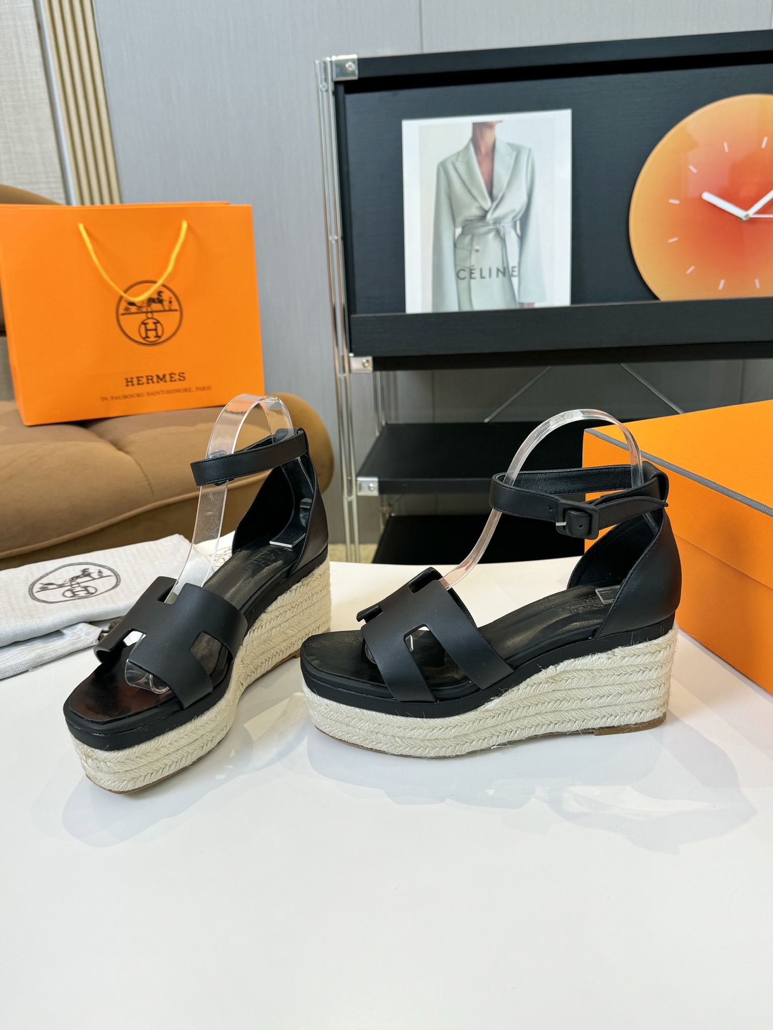 HERMES 00329 Hermes Goatskin Elda Espadrille Wedge Sandals Black