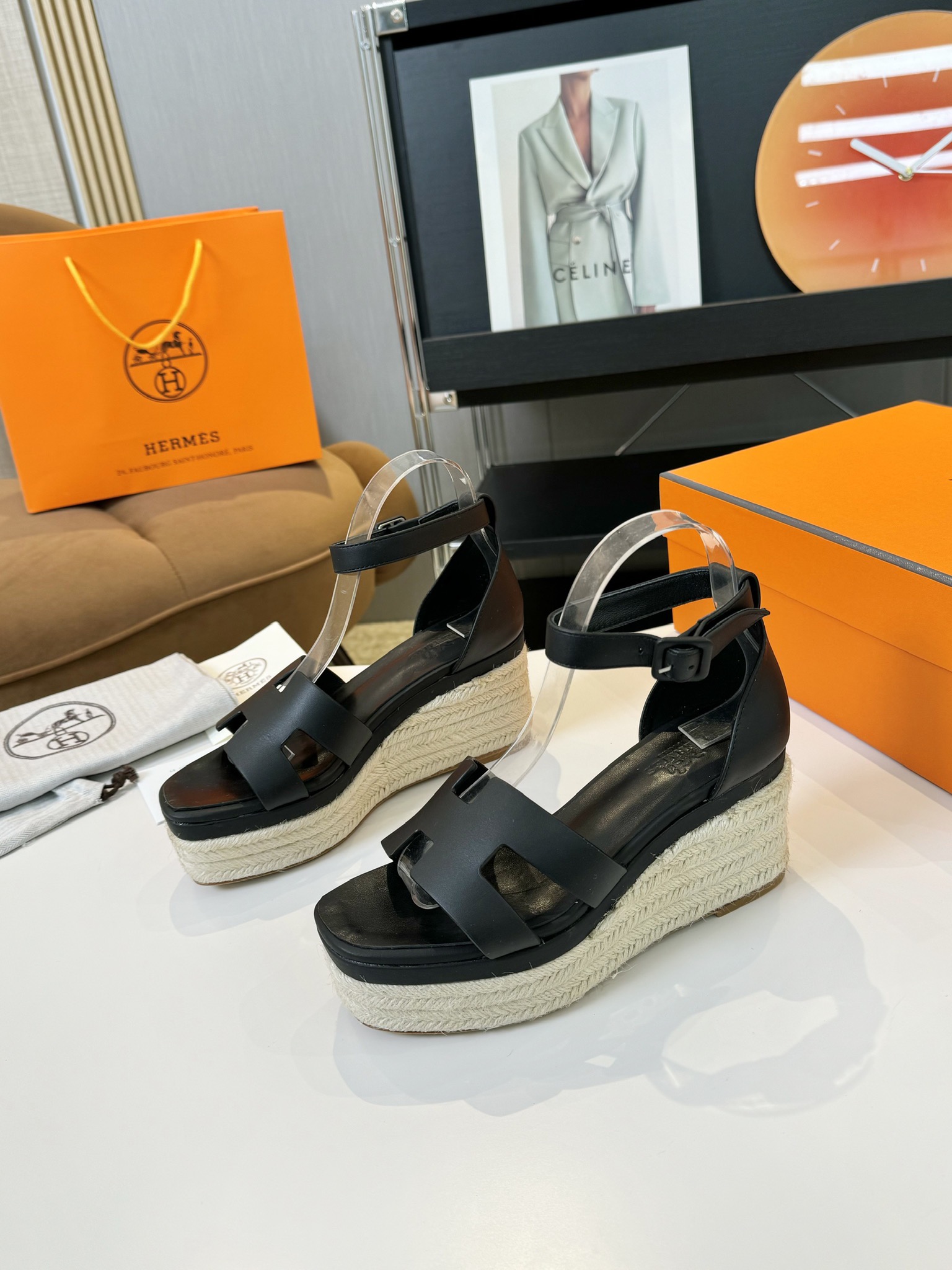 HERMES 00329 Hermes Goatskin Elda Espadrille Wedge Sandals Black