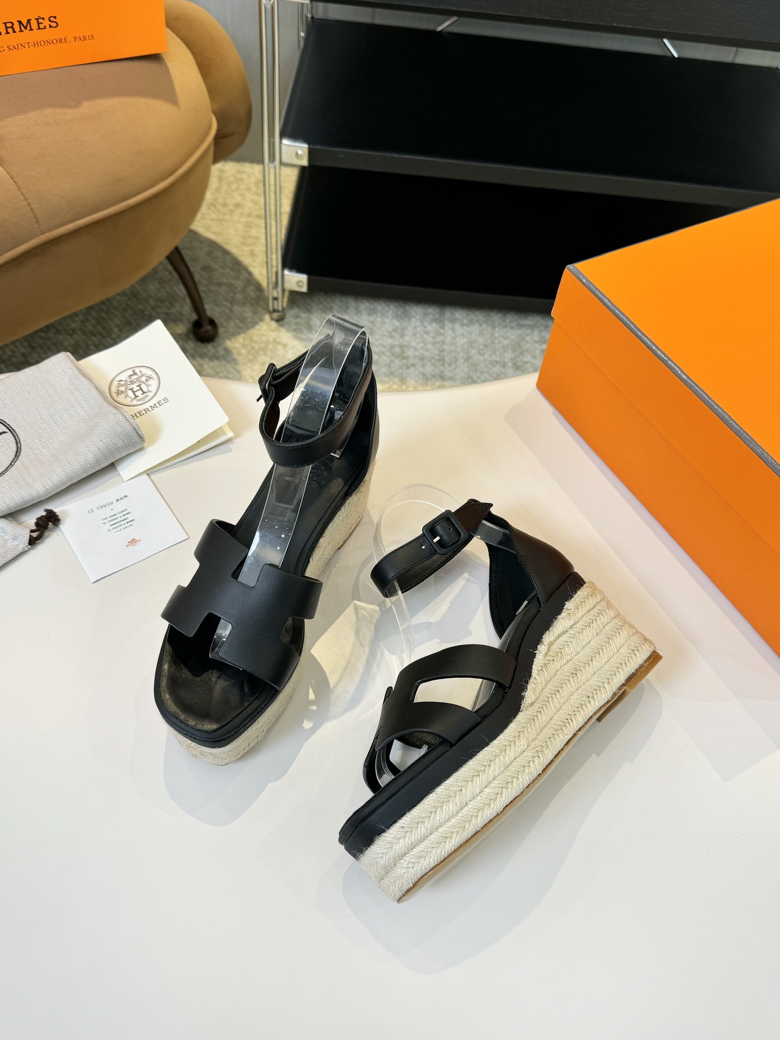 HERMES 00329 Hermes Goatskin Elda Espadrille Wedge Sandals Black