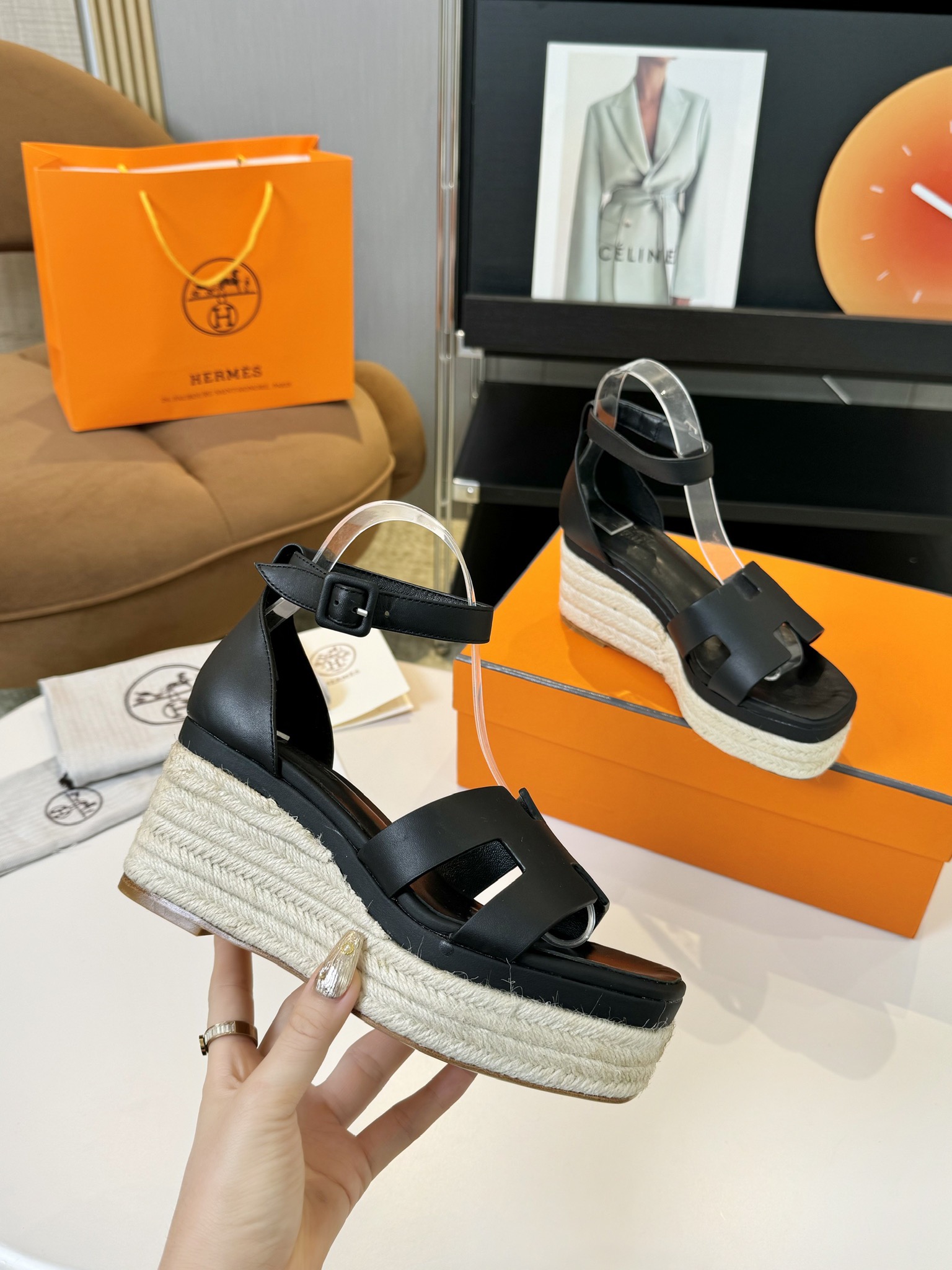 HERMES 00329 Hermes Goatskin Elda Espadrille Wedge Sandals Black