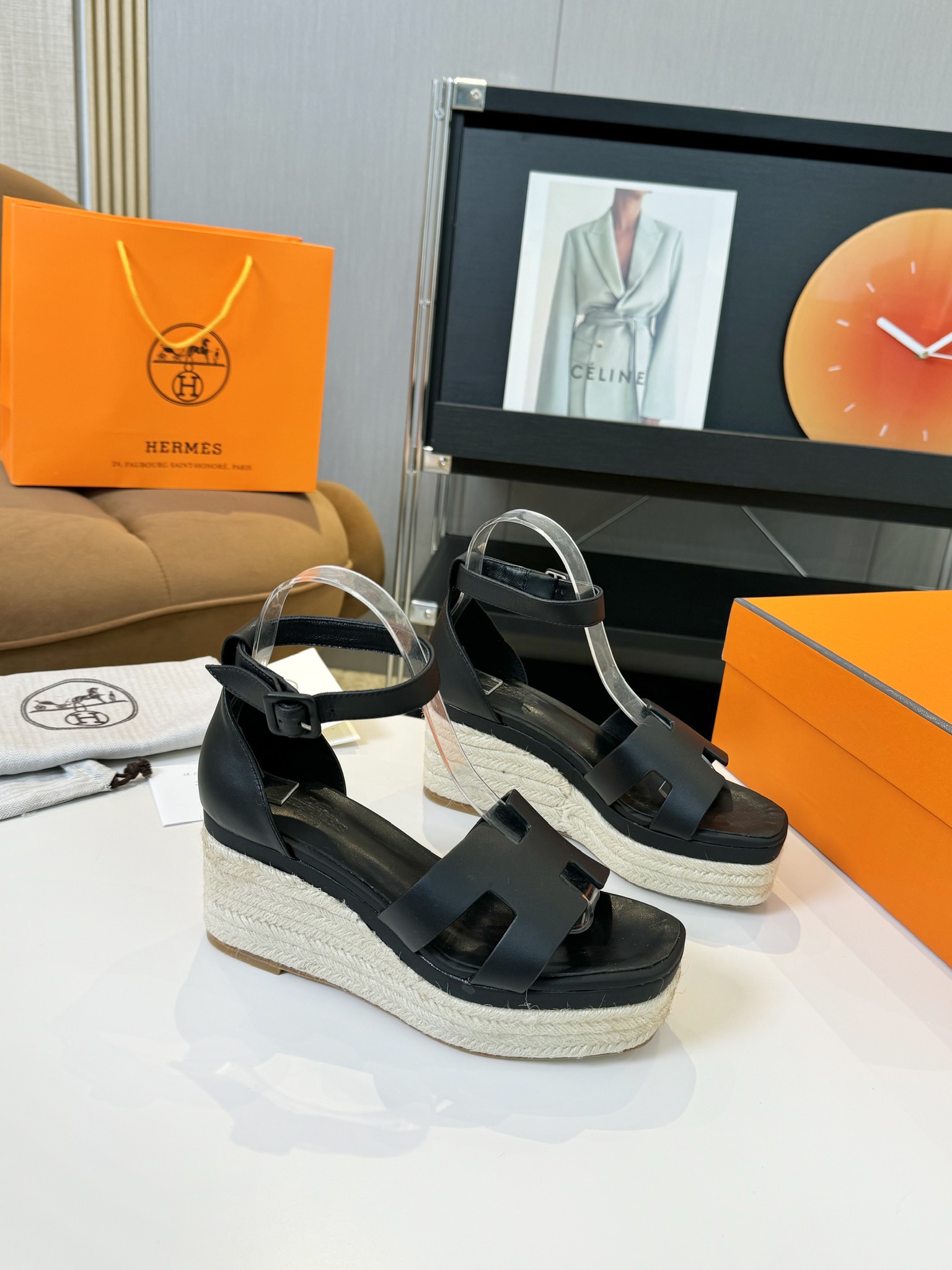 Hermes  Goatskin Elda Espadrille Wedge Sandals  Black