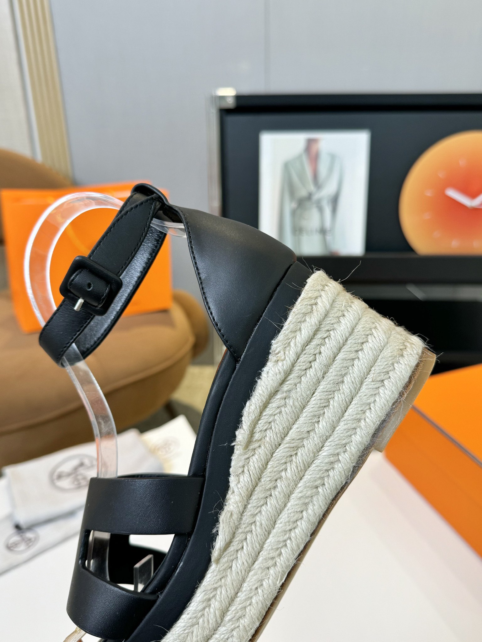 HERMES 00329 Hermes Goatskin Elda Espadrille Wedge Sandals Black