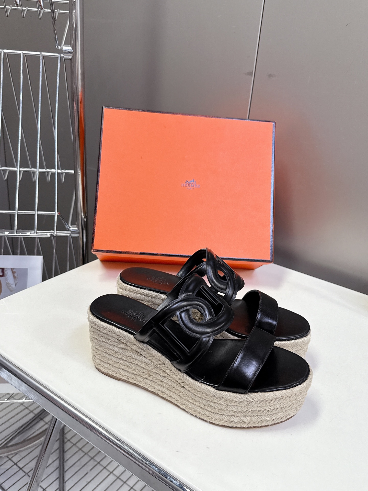 Hermes  Nappa Ithea Espadrille Wedge Sandals Black