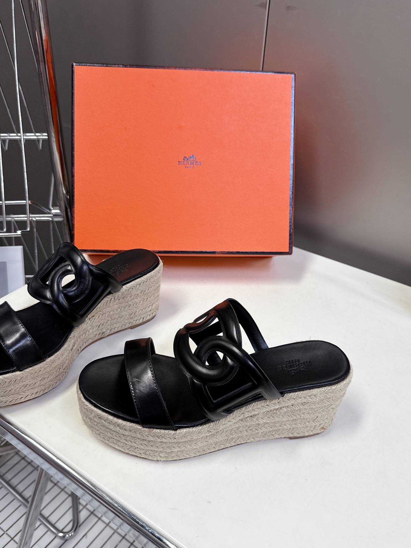 HERMES 00379 Hermes Nappa Ithea Espadrille Wedge Sandals Black