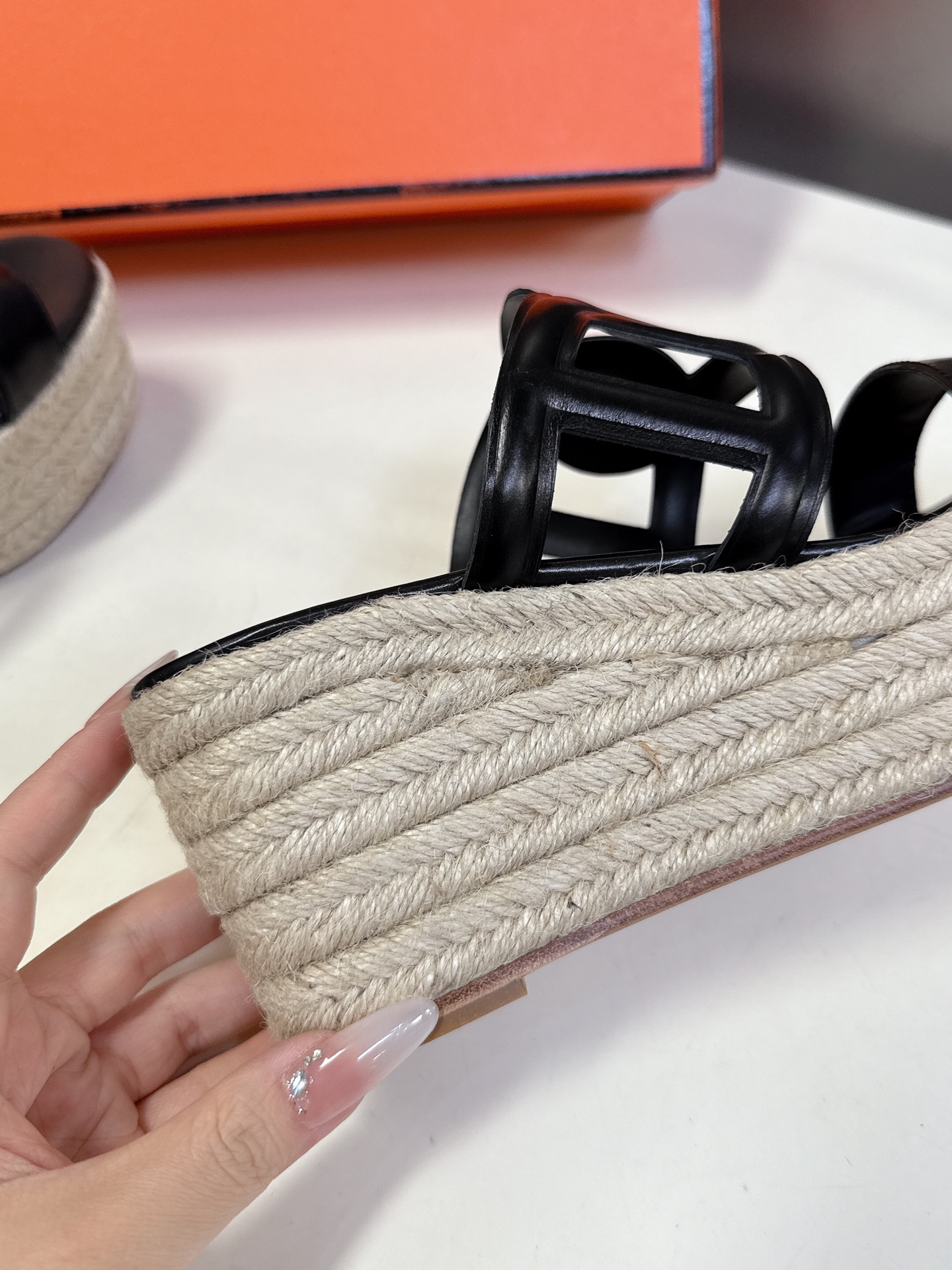 HERMES 00379 Hermes Nappa Ithea Espadrille Wedge Sandals Black