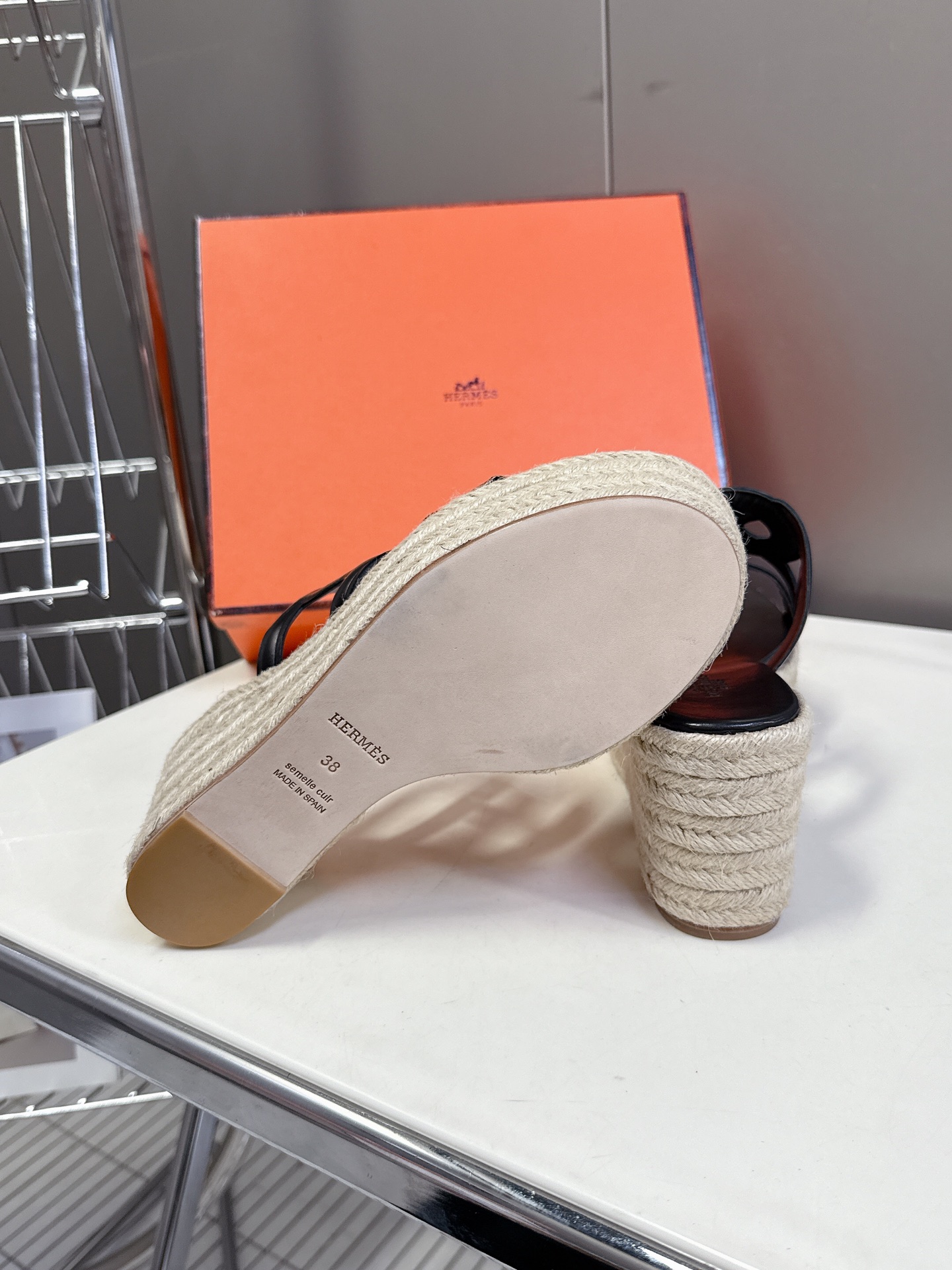 HERMES 00379 Hermes Nappa Ithea Espadrille Wedge Sandals Black