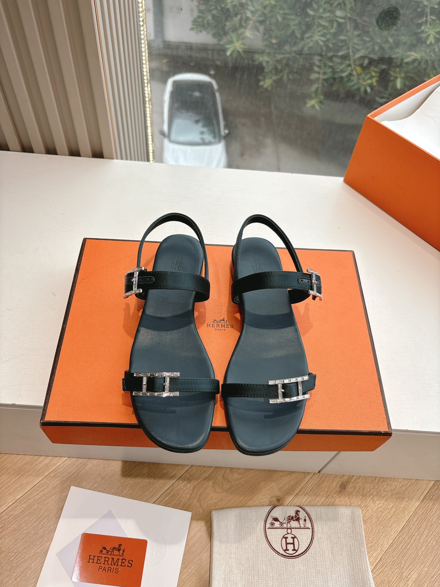 HERMÈS Calfskin Cristal Sandals – Black, Size