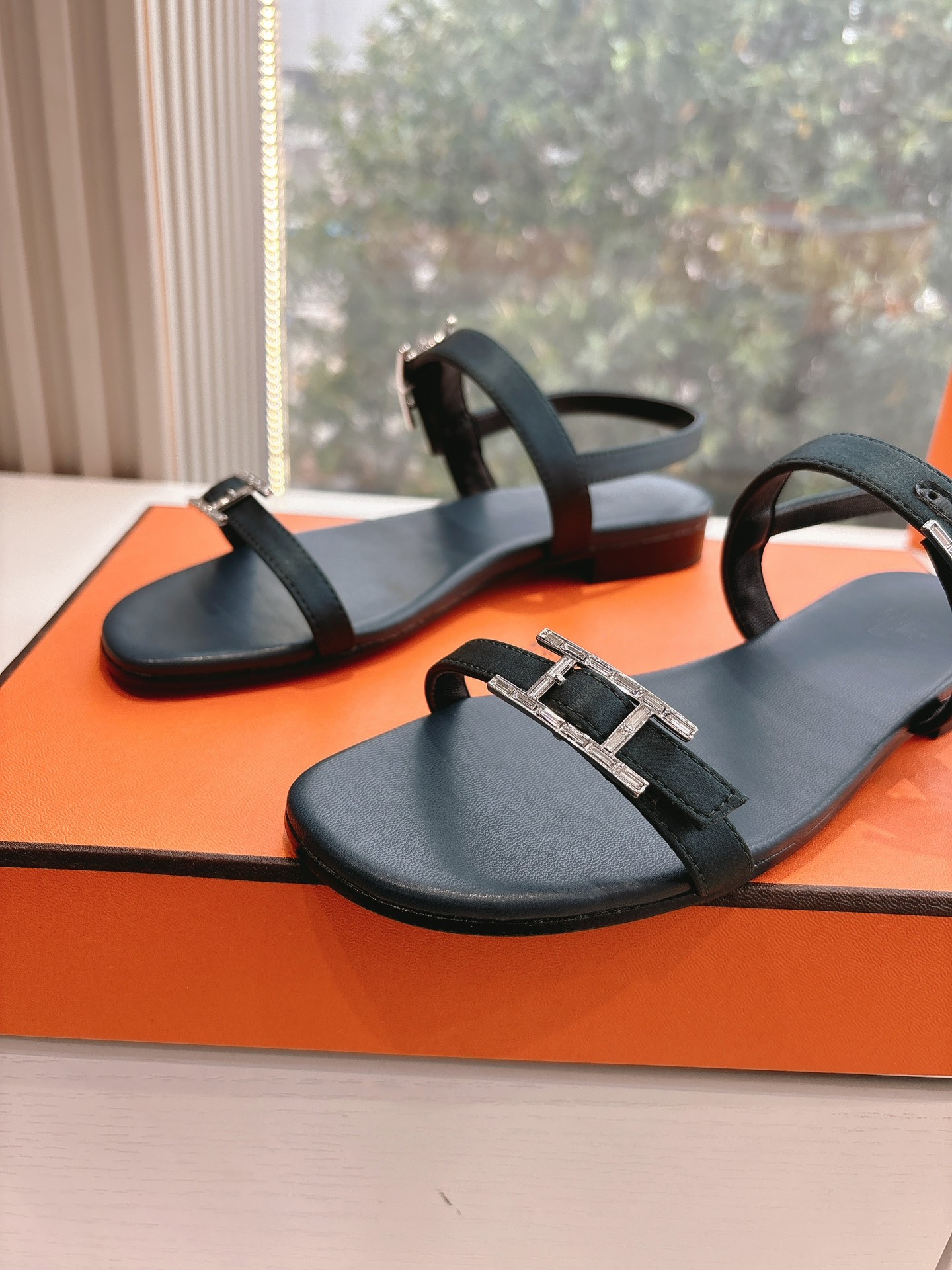 HERMÈS Calfskin Cristal Sandals – Black, Size