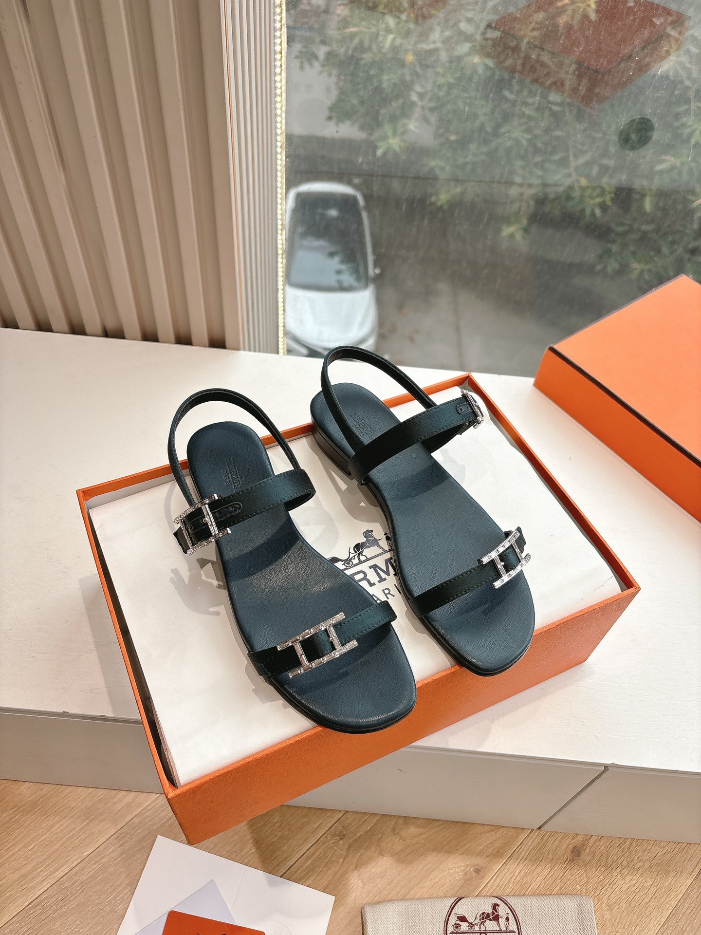 HERMÈS Calfskin Cristal Sandals – Black, Size