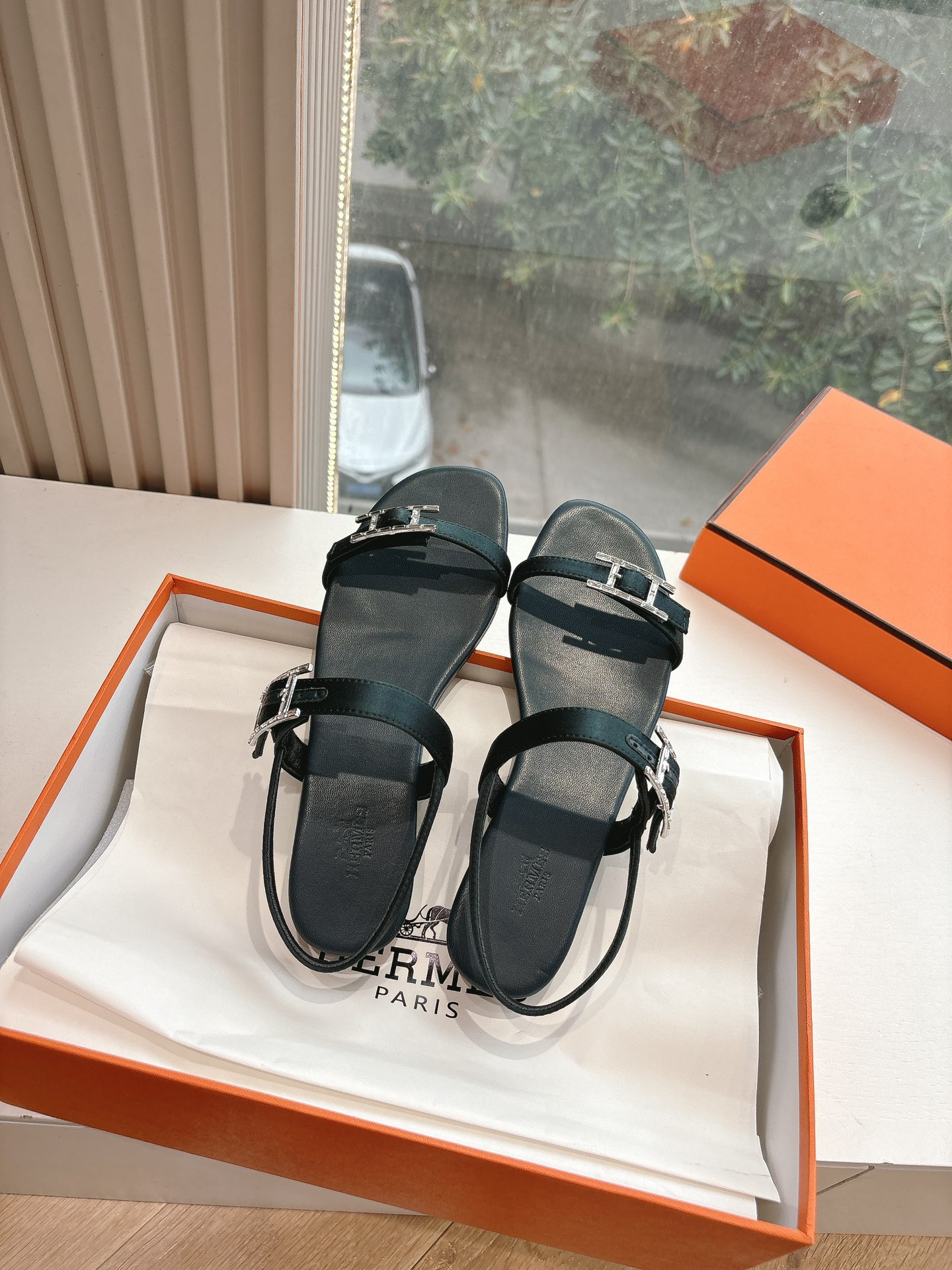 HERMÈS Calfskin Cristal Sandals – Black, Size