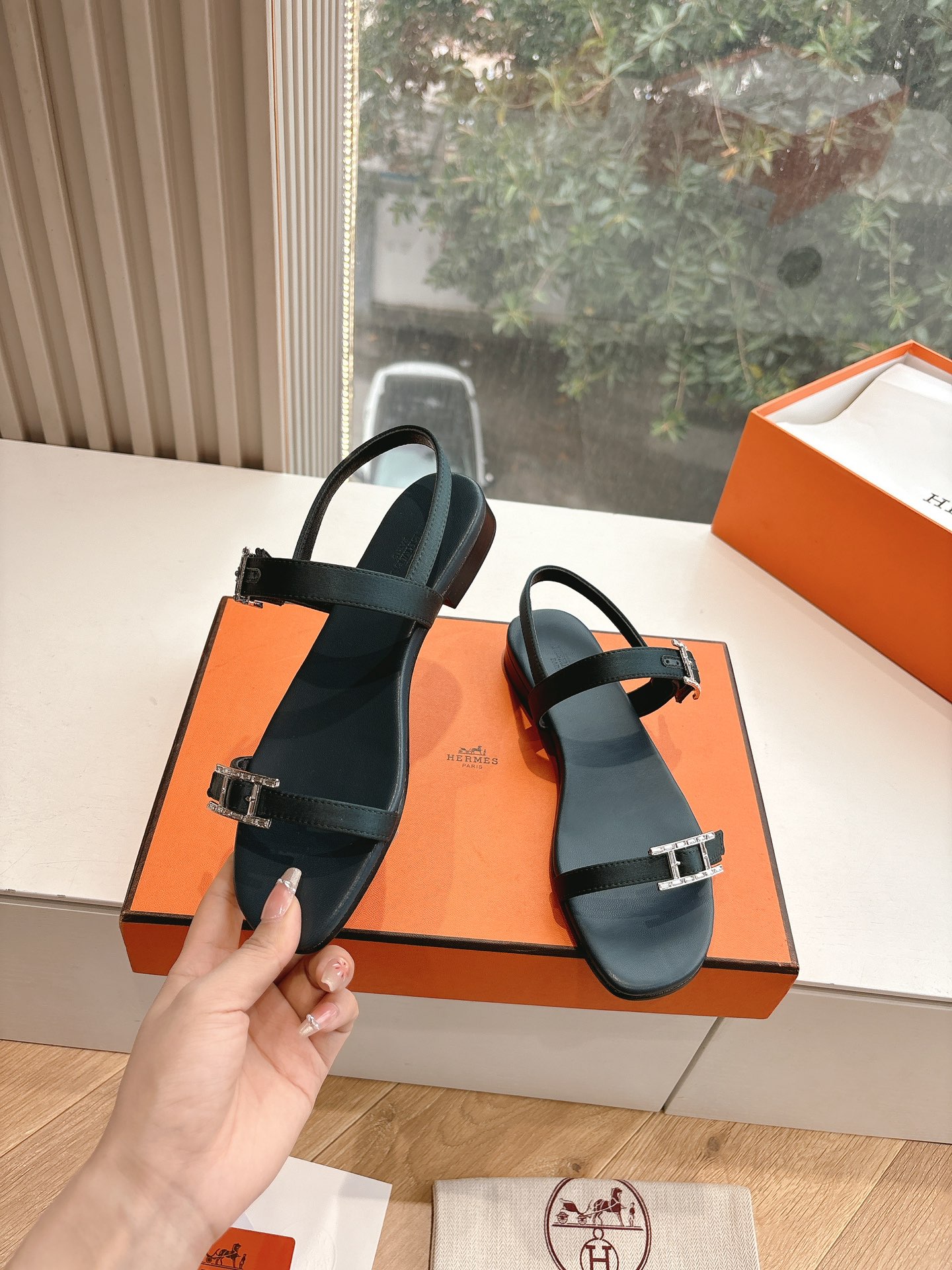 HERMÈS Calfskin Cristal Sandals – Black, Size