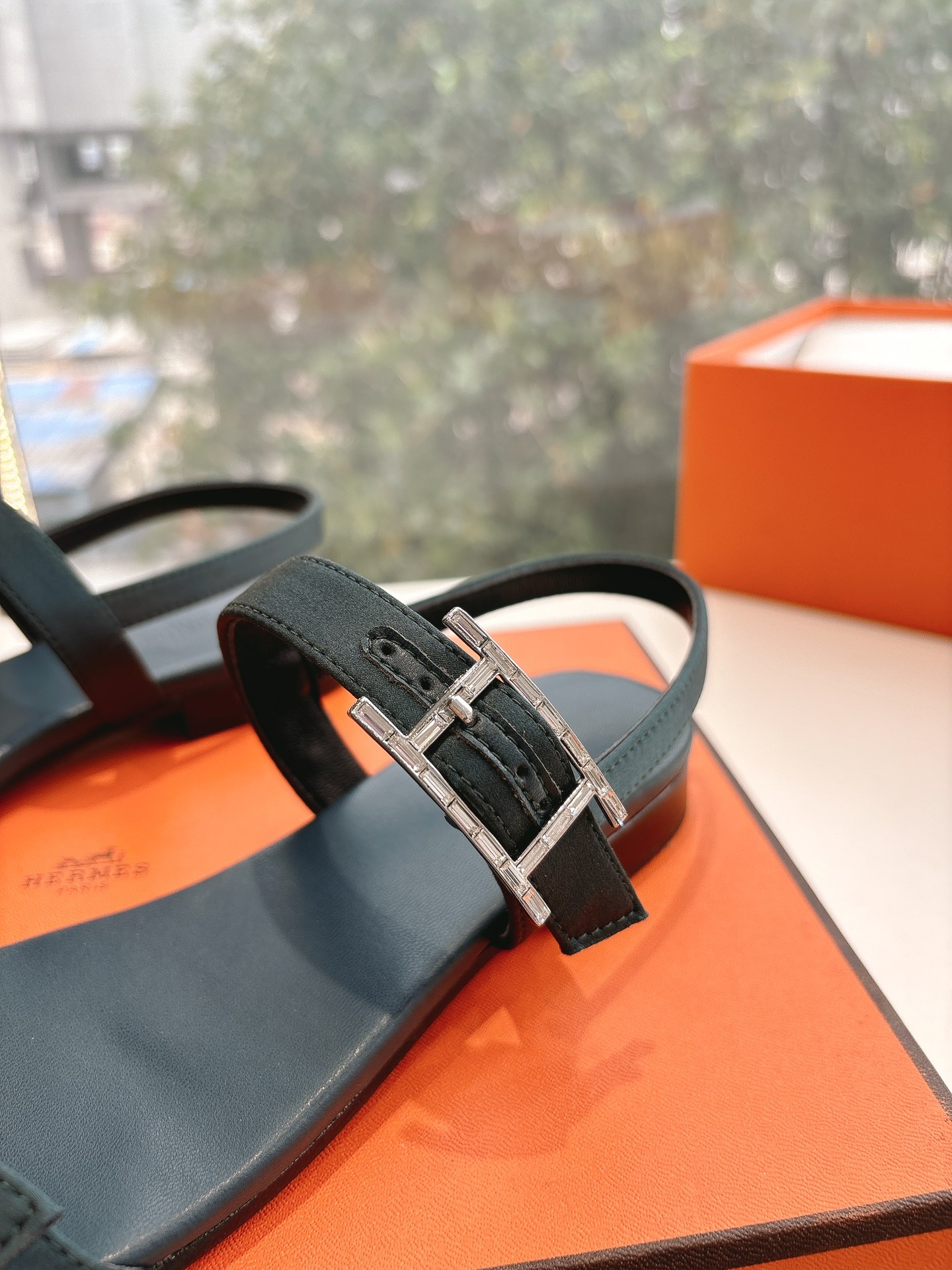 HERMÈS Calfskin Cristal Sandals – Black, Size