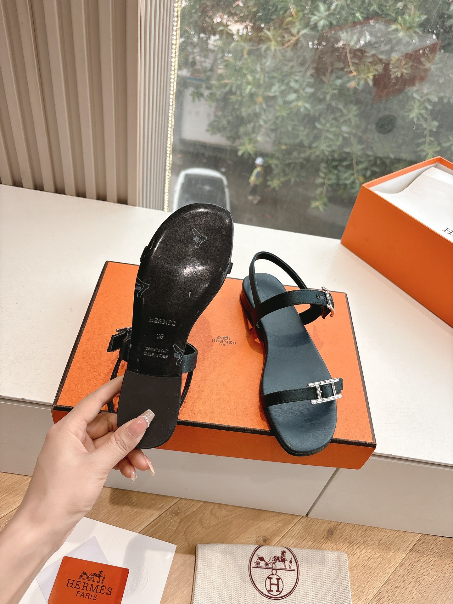 HERMÈS Calfskin Cristal Sandals – Black, Size