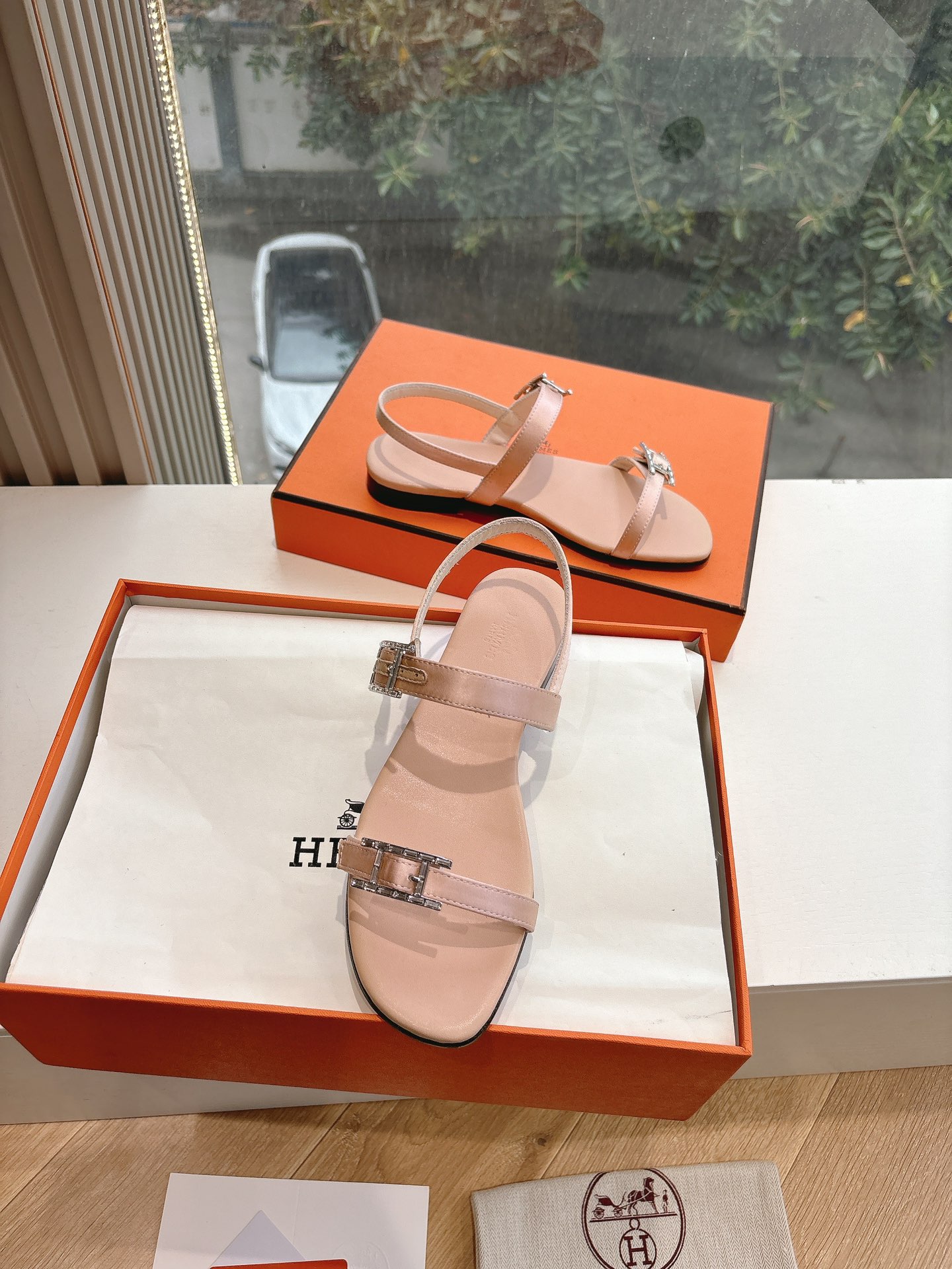 HERMES Calfskin Cristal Sandals 36.5 Rose aube