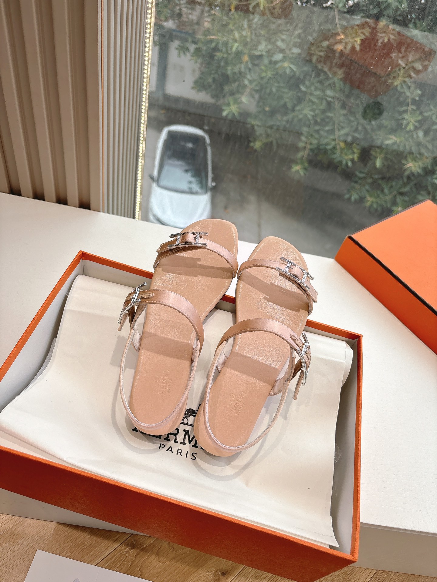 HERMES Calfskin Cristal Sandals 36.5 Rose aube