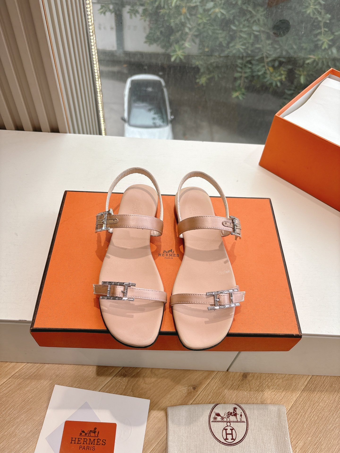HERMES Calfskin Cristal Sandals 36.5 Rose aube