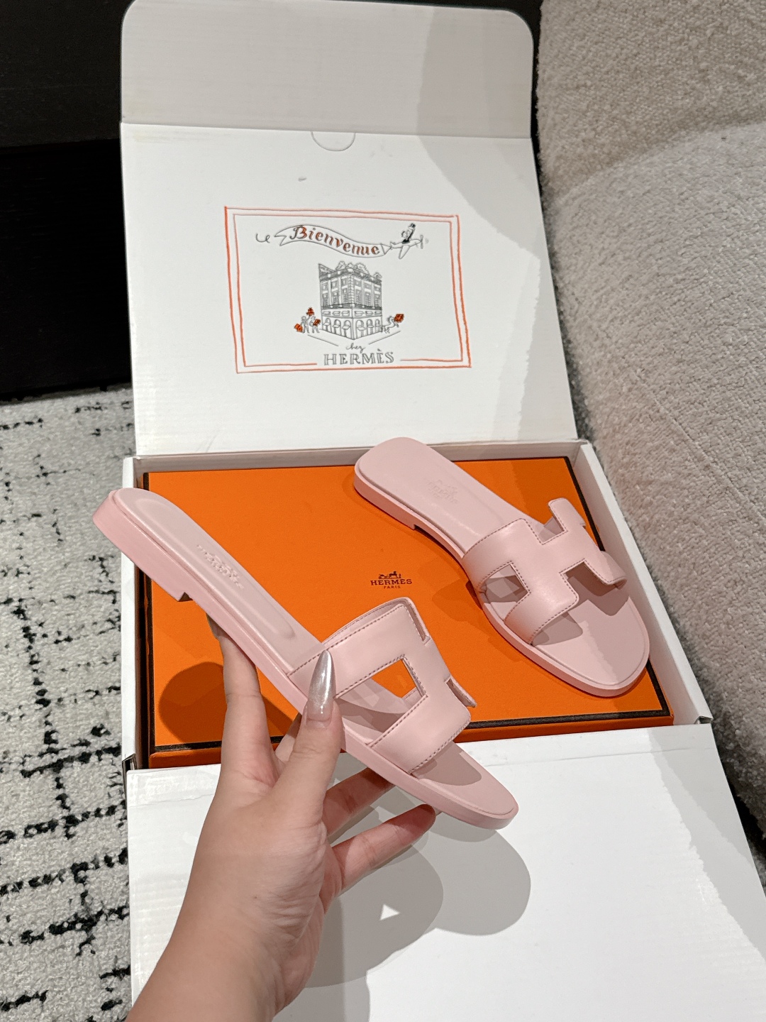 HERMES ORAN OASIS H SANDALS HEEL CLASSIC Epsom Rose Pale
