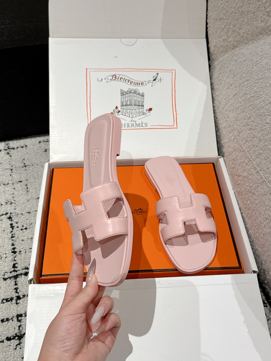 HERMES ORAN OASIS H SANDALS HEEL CLASSIC Epsom Rose Pale