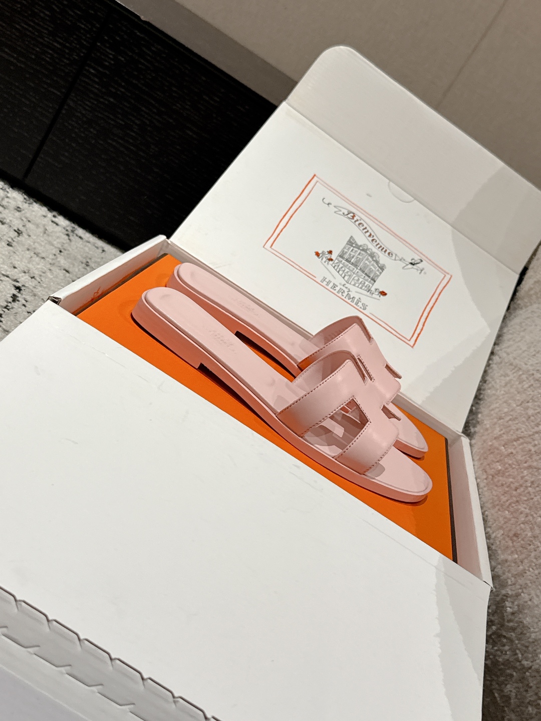 HERMES ORAN OASIS H SANDALS HEEL CLASSIC Epsom Rose Pale