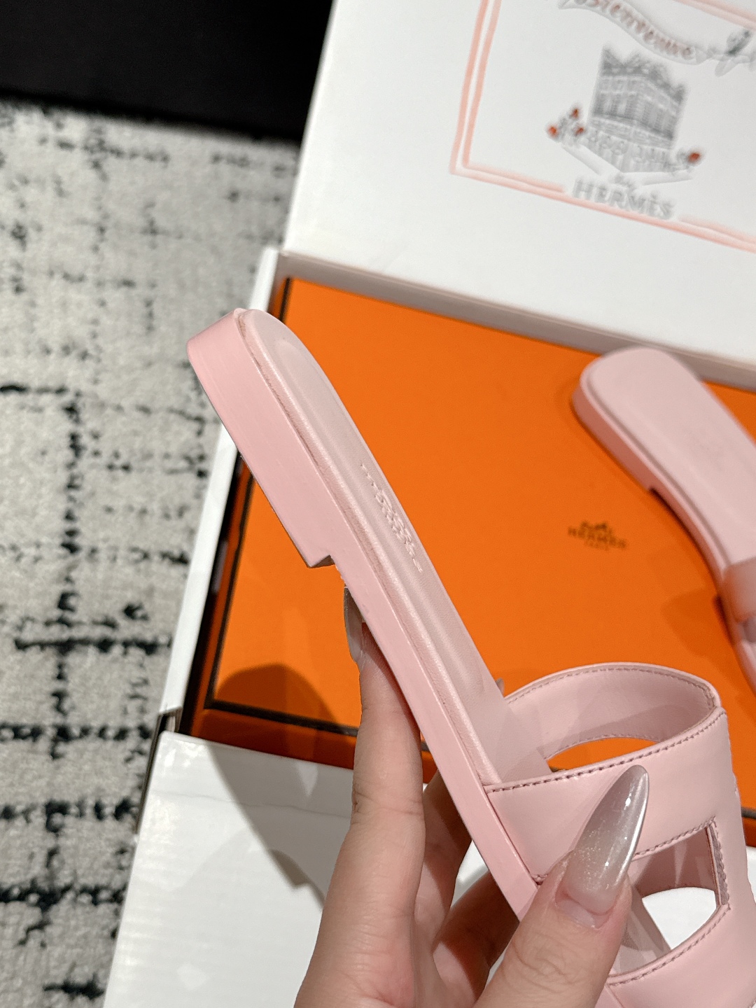 HERMES ORAN OASIS H SANDALS HEEL CLASSIC Epsom Rose Pale