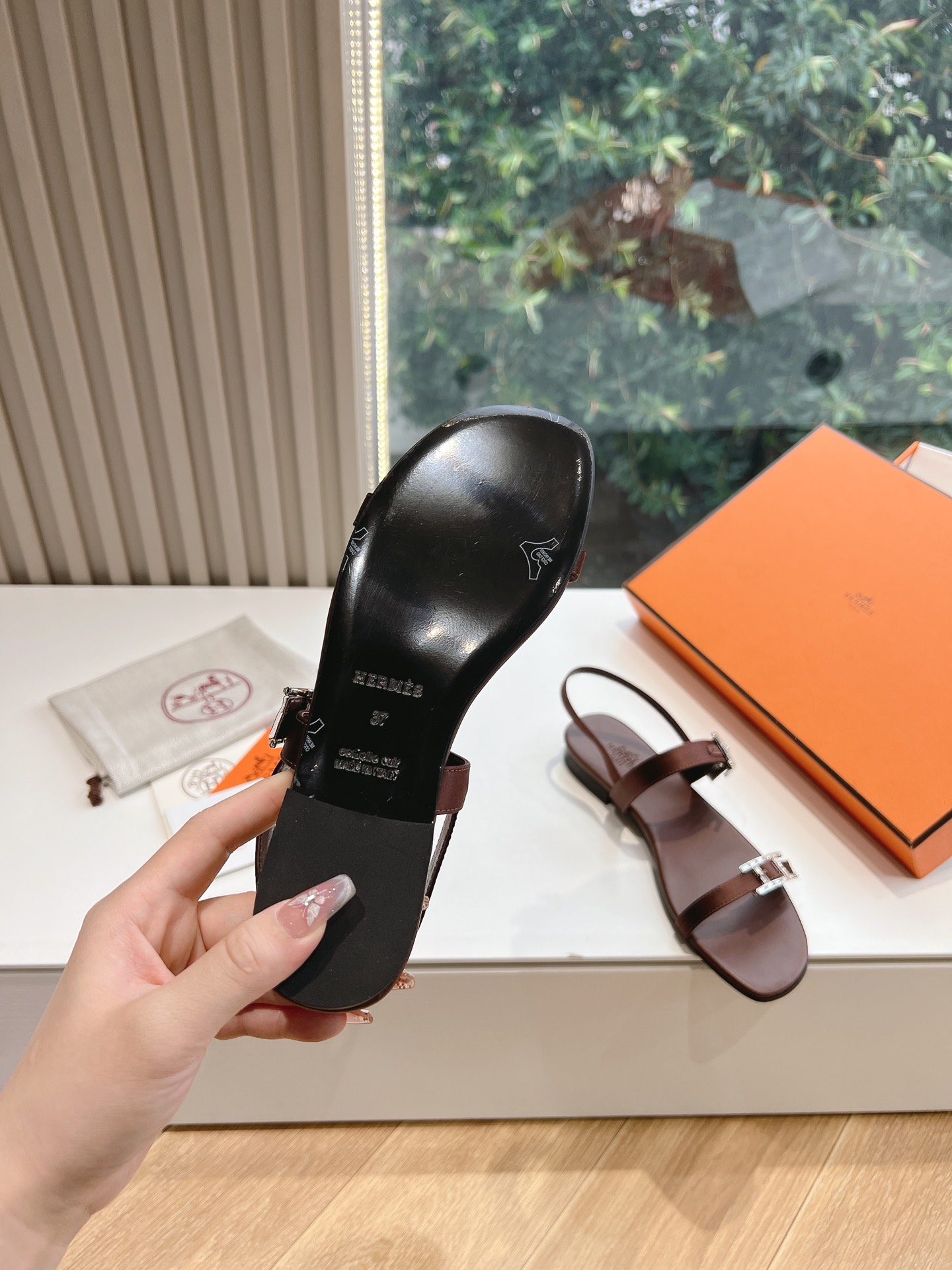 HERMES 00439 Hermes Calfskin Cristal Sandals reddish brown Sold Out