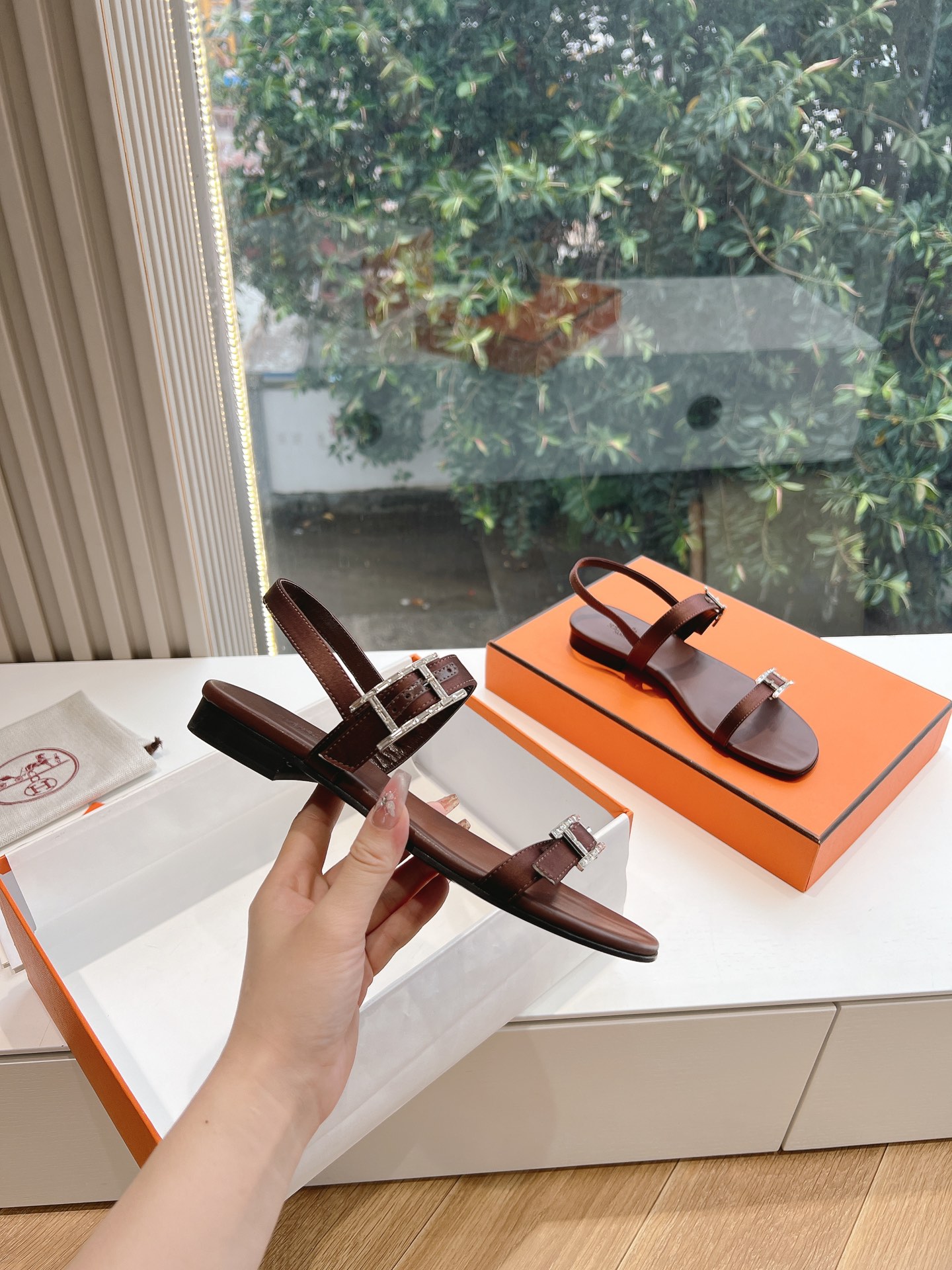 HERMES 00439 Hermes Calfskin Cristal Sandals reddish brown Sold Out