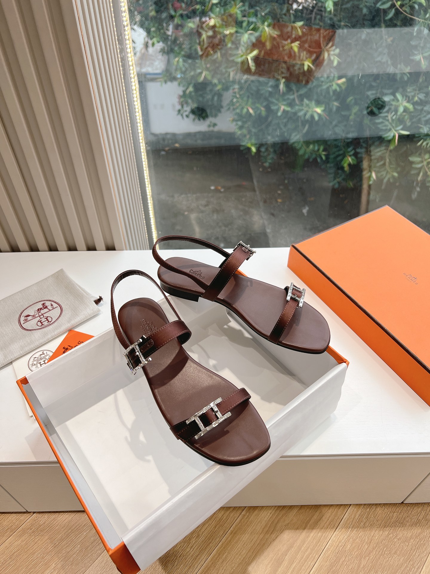 Hermes Calfskin Cristal Sandals reddish brown Sold Out