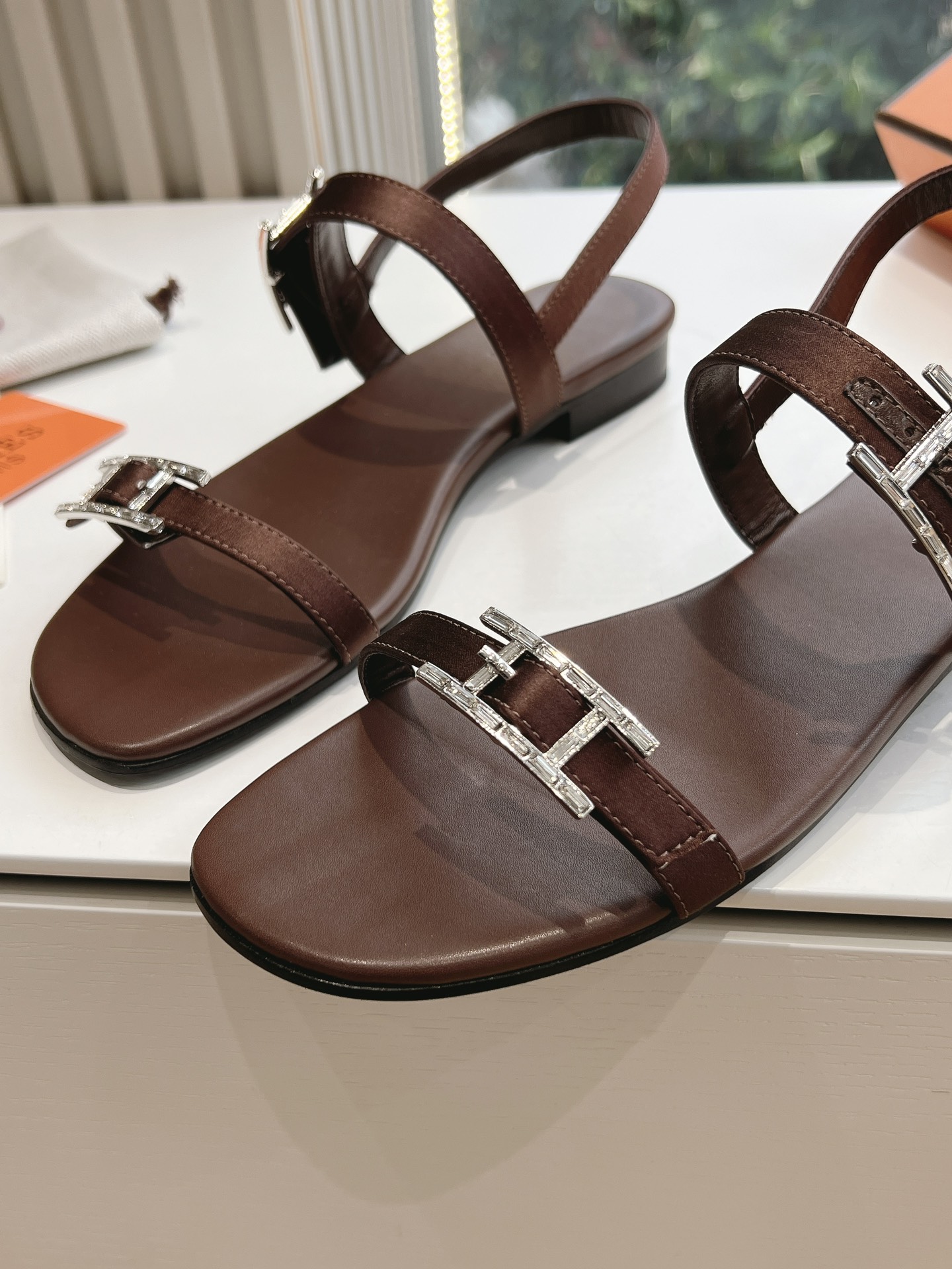 HERMES 00439 Hermes Calfskin Cristal Sandals reddish brown Sold Out