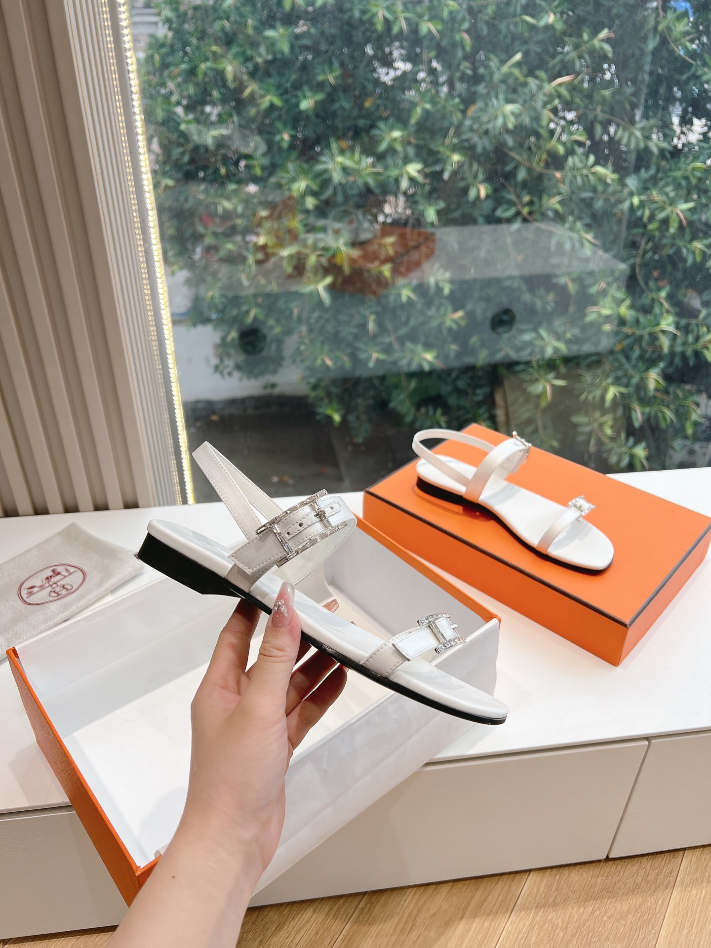 HERMES 00449 Hermes Calfskin Cristal Sandals White Sold Out