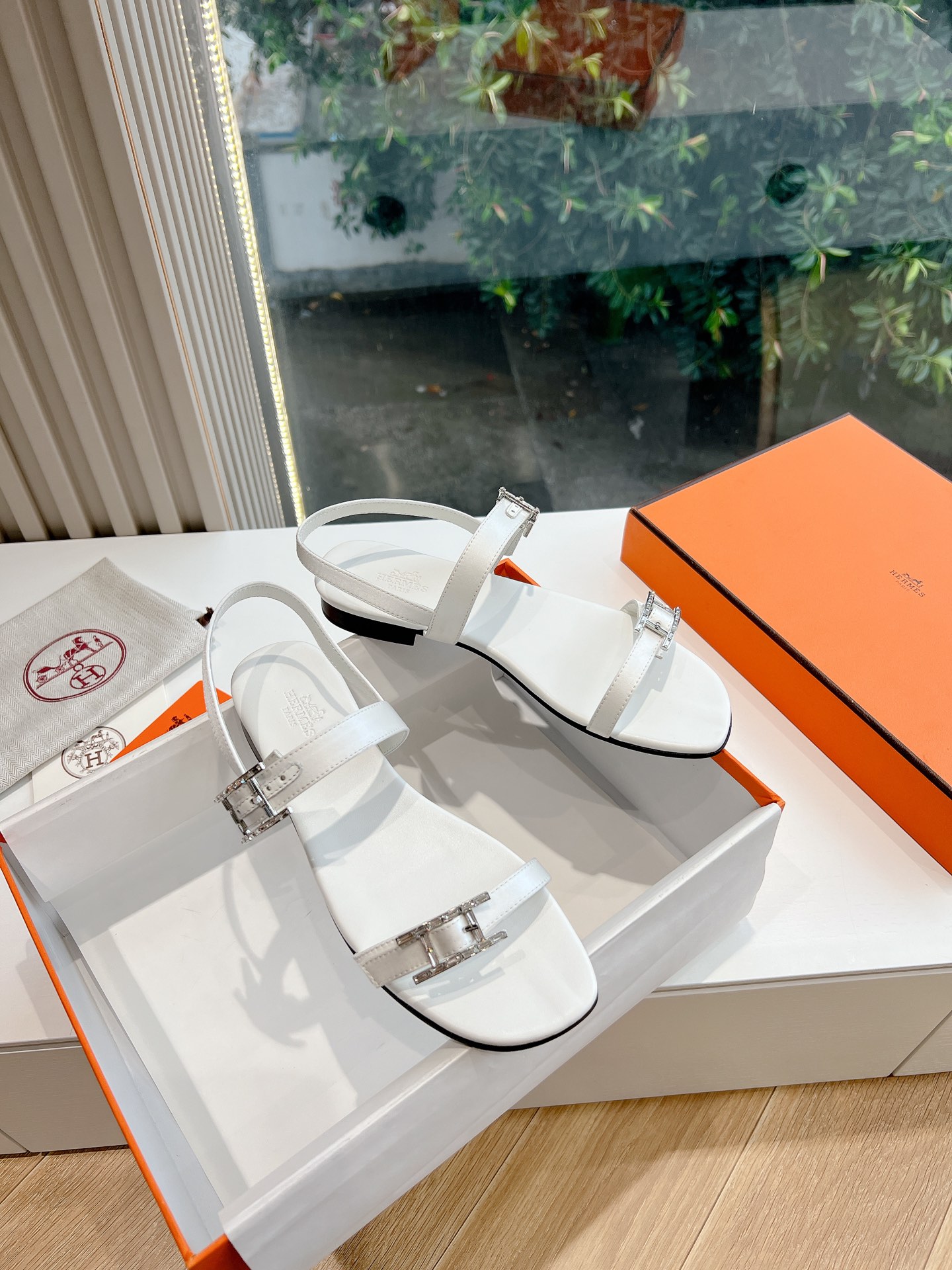 Hermes Calfskin Cristal Sandals White Sold Out