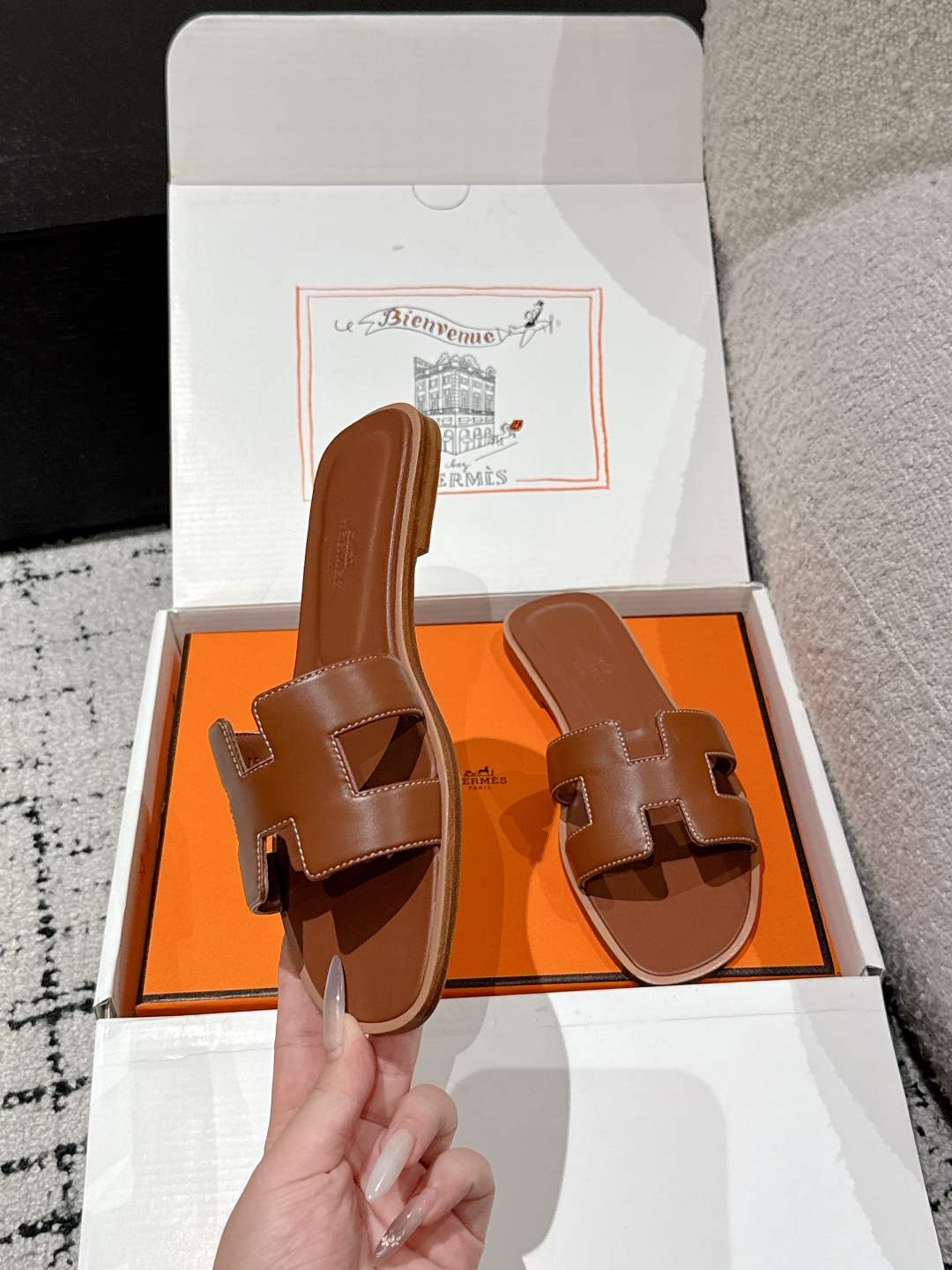 Brand New Hermes Brown Gold Calfskin Oran Sandals Hermes