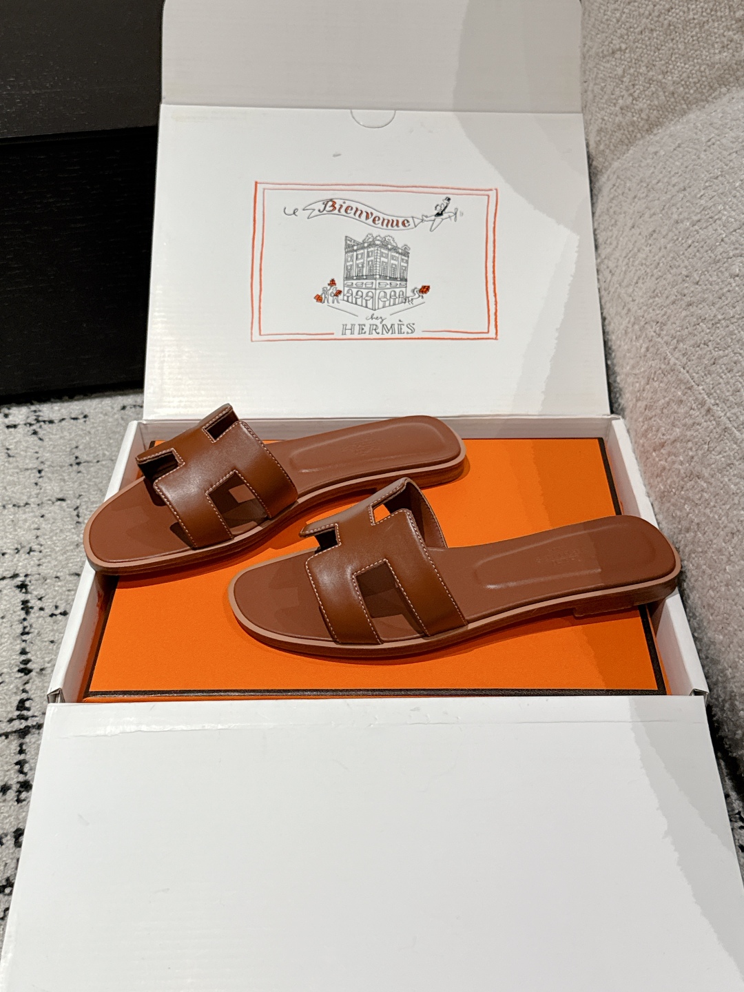 Brand New Hermes Brown Gold Calfskin Oran Sandals Hermes