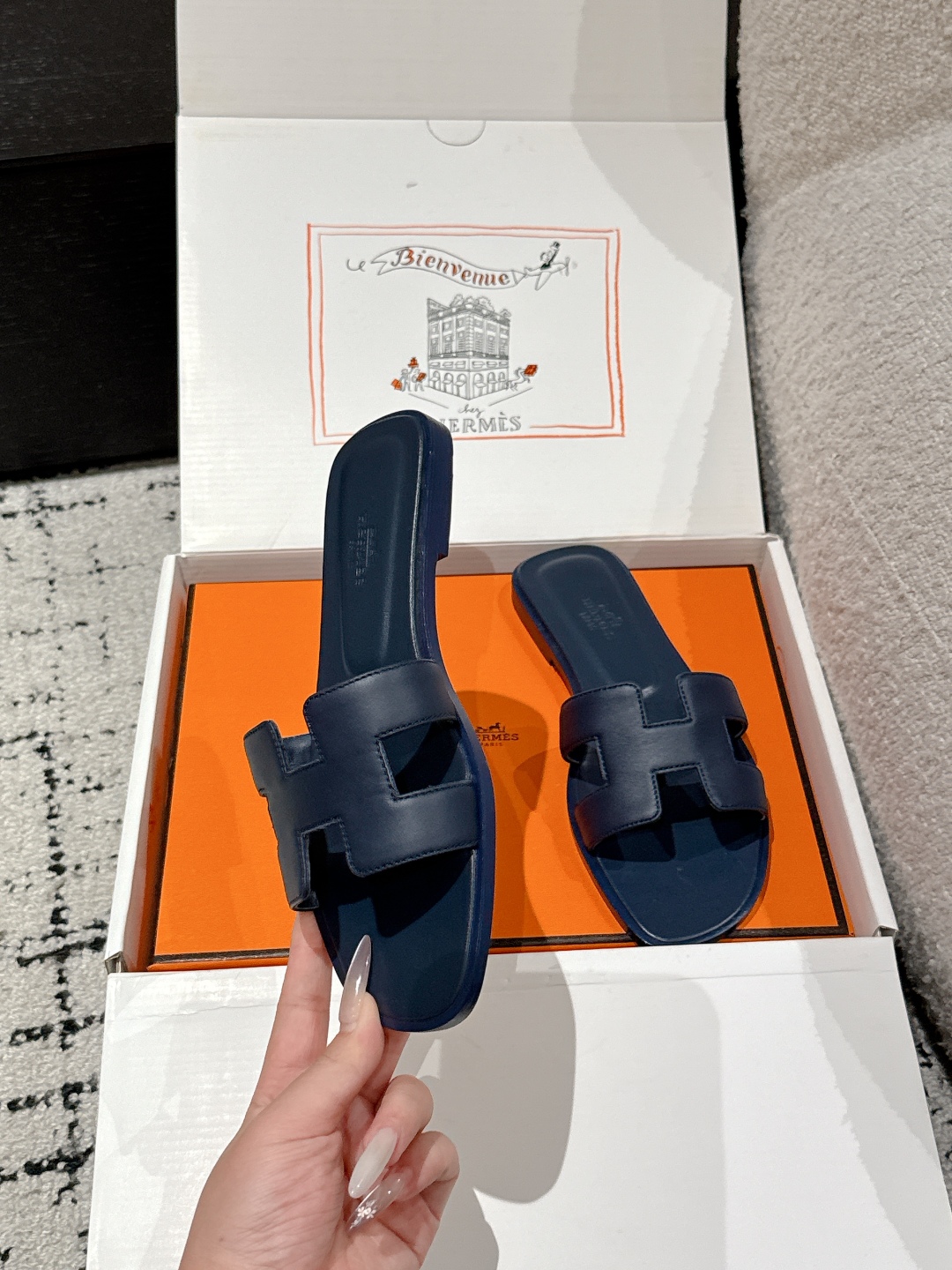 Hermes Blue Marine Oran Sandal Box Calfskin Leather Flat Shoes