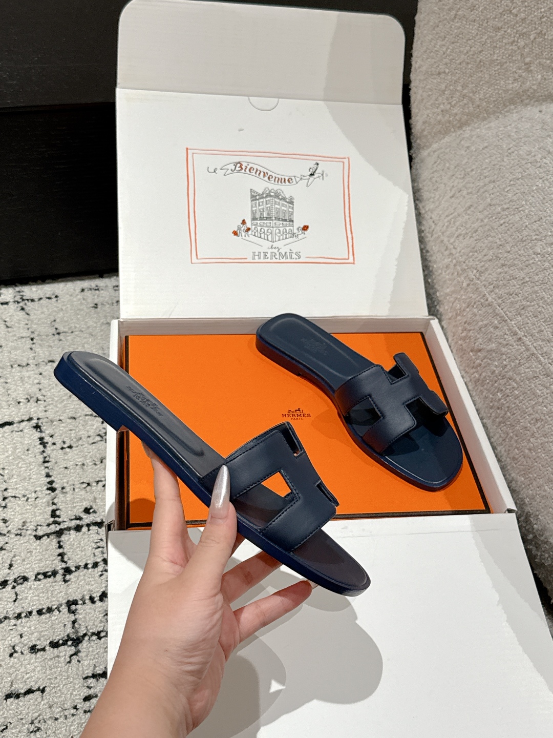 HERMES 00479 Hermes Blue Marine Oran Sandal Box Calfskin Leather Flat Shoes