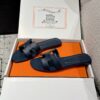 Hermes Blue Marine Oran Sandal Box Calfskin Leather Flat Shoes